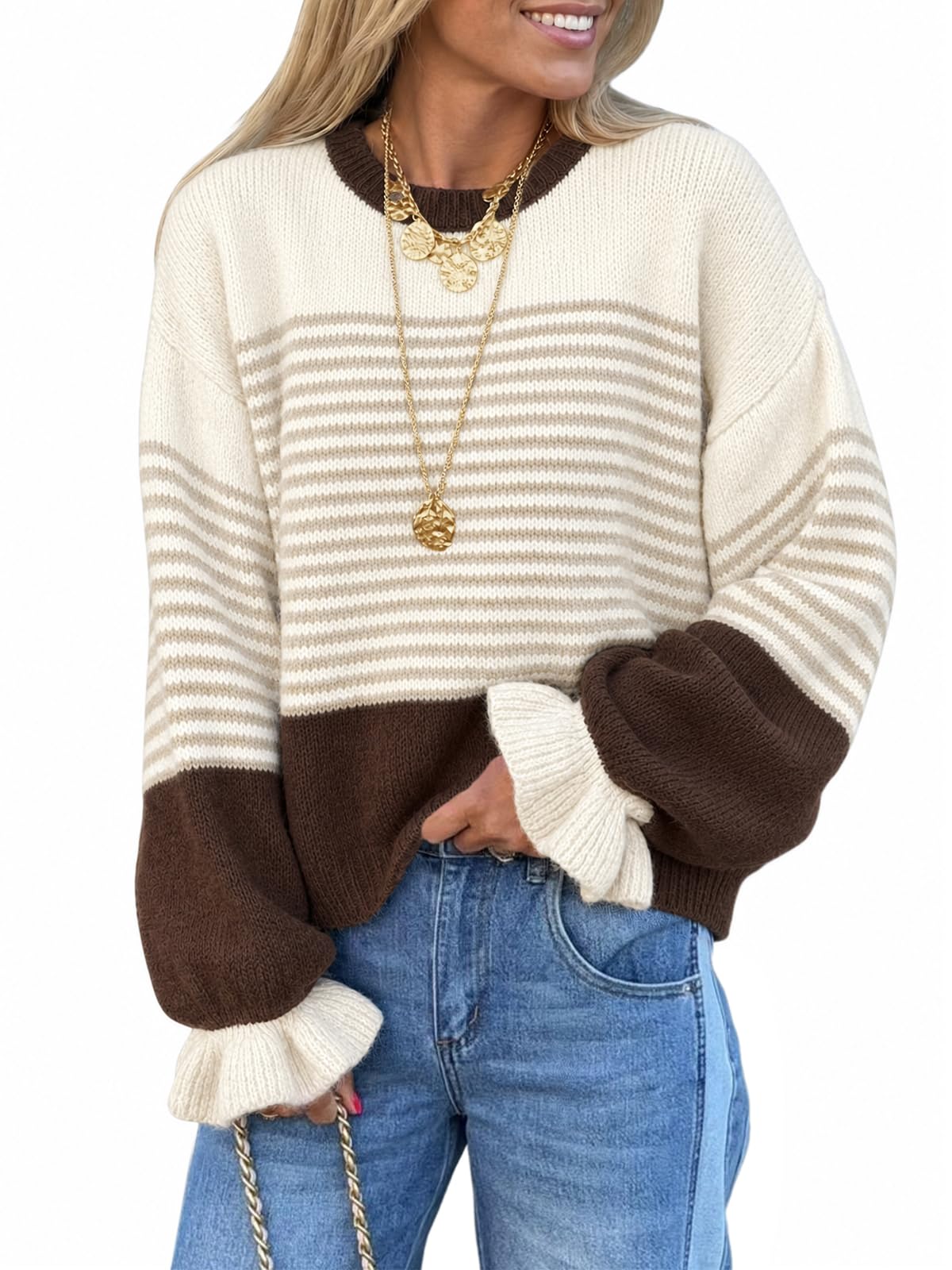 Saodimallsu Womens Color Block Striped Sweaters Ruffle Sleeve Knit Pullover