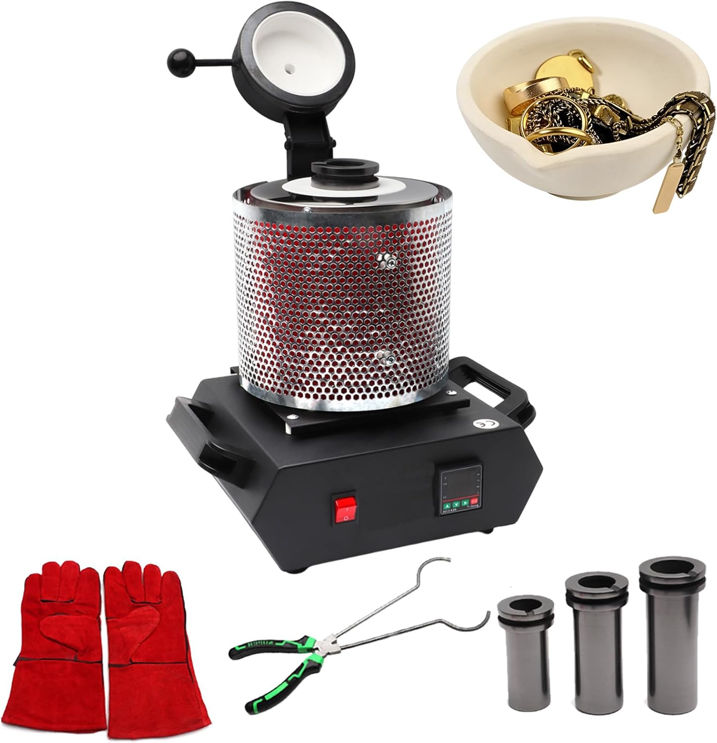 Melting Furnace Gold, Electric Melting Furnace,1500W 2000F Digital Smelter Furnace Kit with Graphite Crucible for Melt Scrap, Silver, Gold, Copper, Aluminum, 2102℉/1150℃ (Red 3KG)