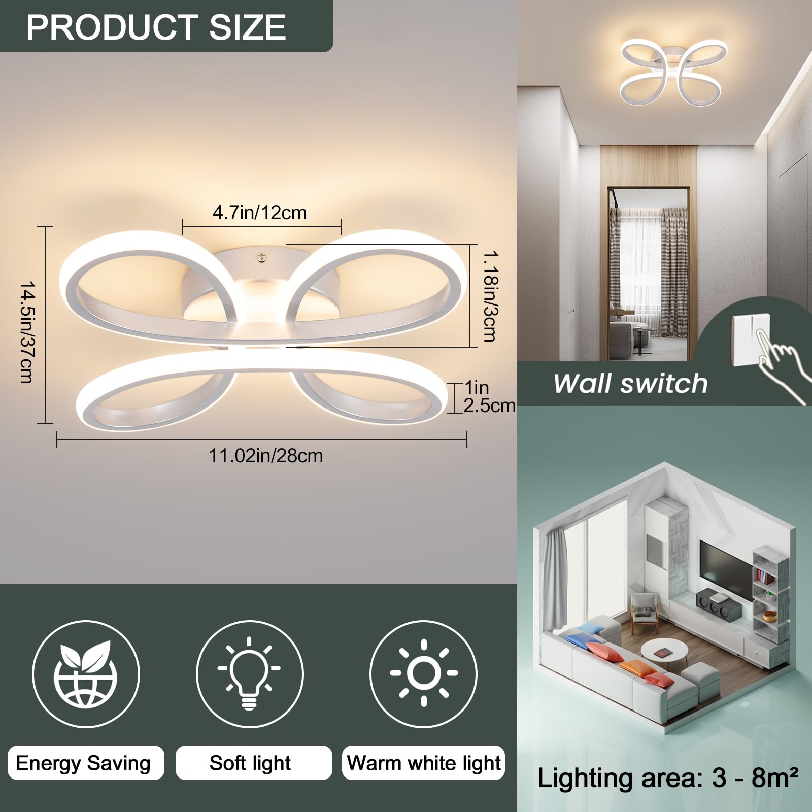 EIDISUNY Modern LED Ceiling Light, 30W Sliver Ceiling Light Fixture - Image 2
