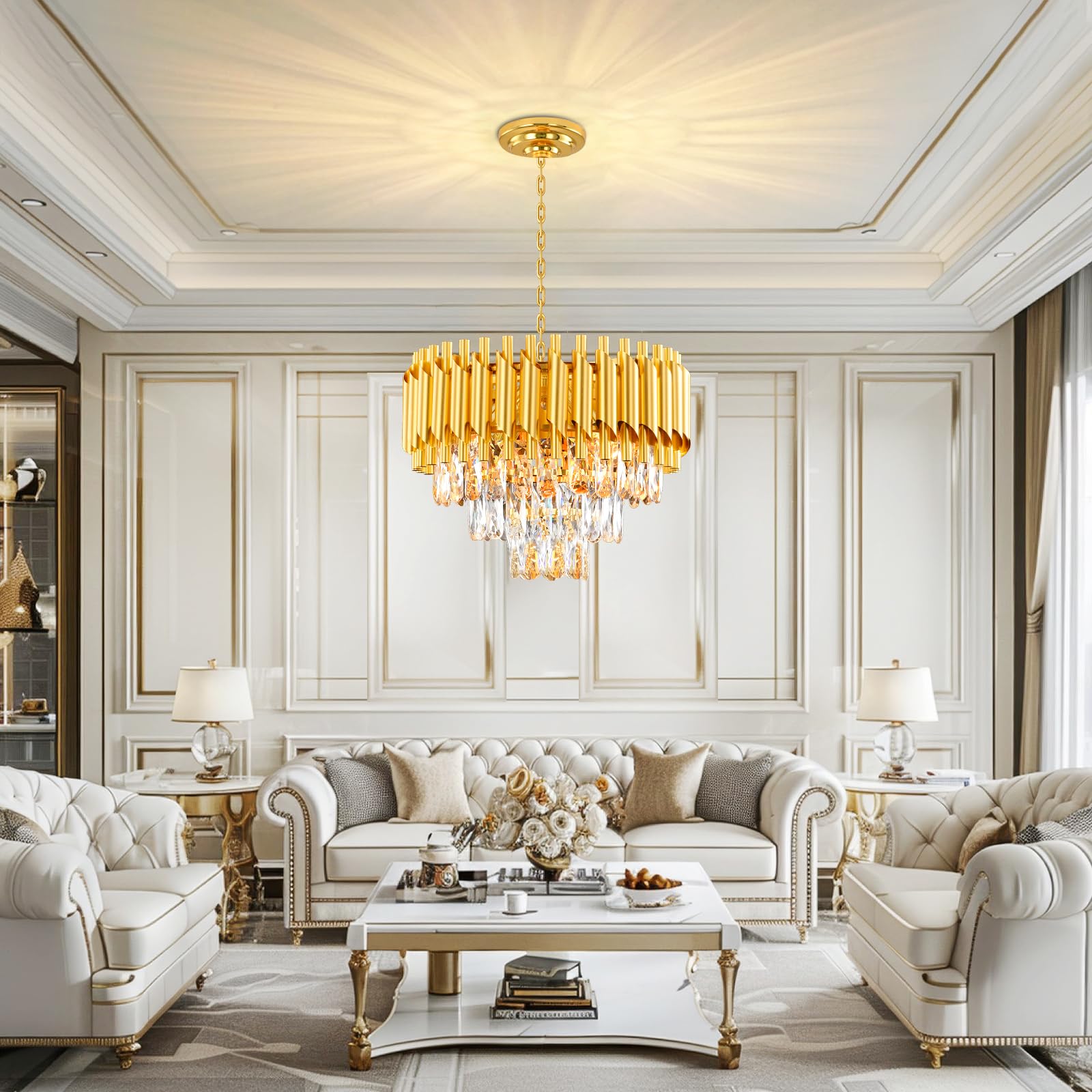 Lustre Golden Crystal Chandelier Lights, Modern Crystal Pendant Light, 3-Tier Raindrop Chandelier Light Fixture, 5xE14 lumières, pour le salon, la salle à manger, la chambre, le Restaurant, Ø40 cm