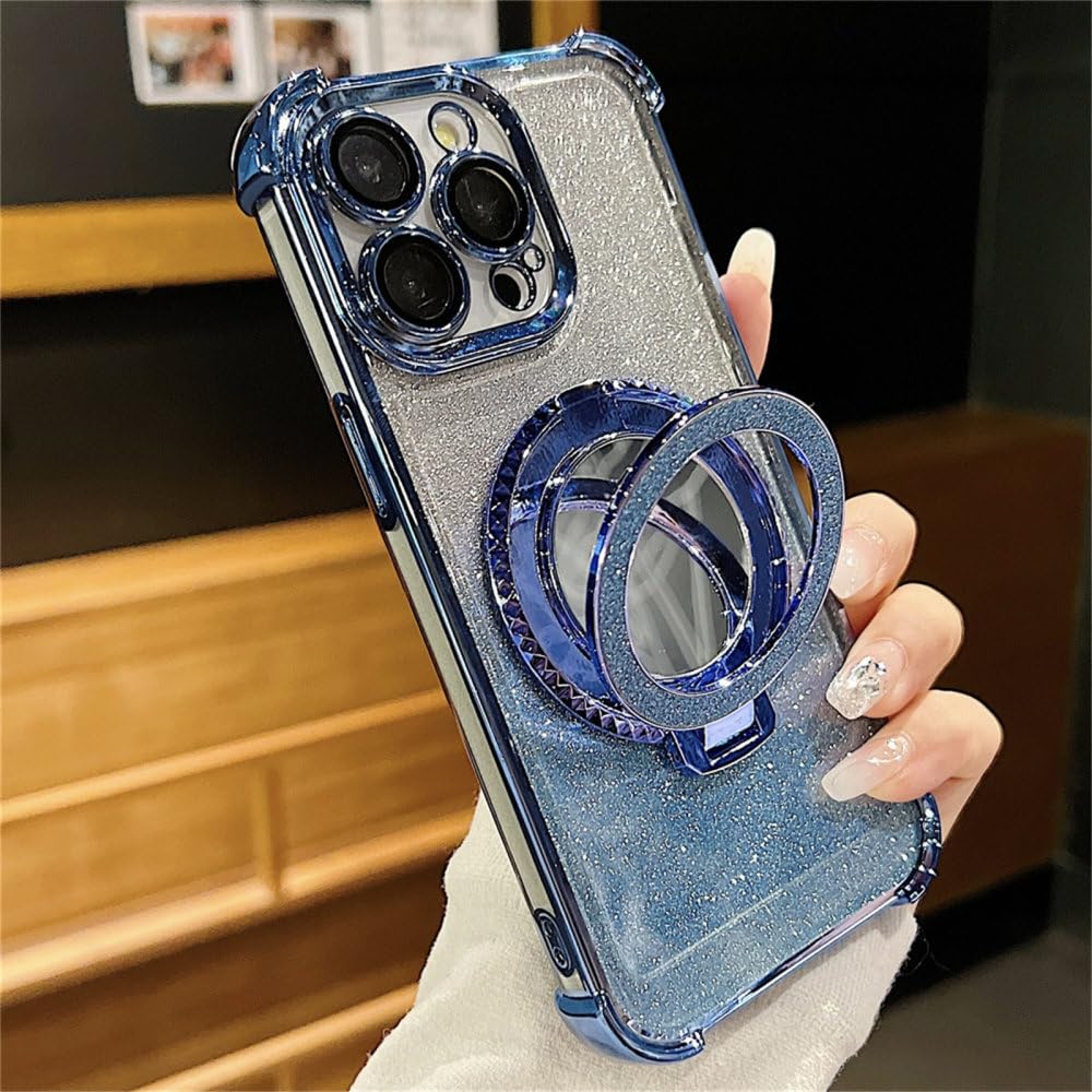 Coque iPhone 11 Pro Max bleu miroir paillettes avec support bague - 8