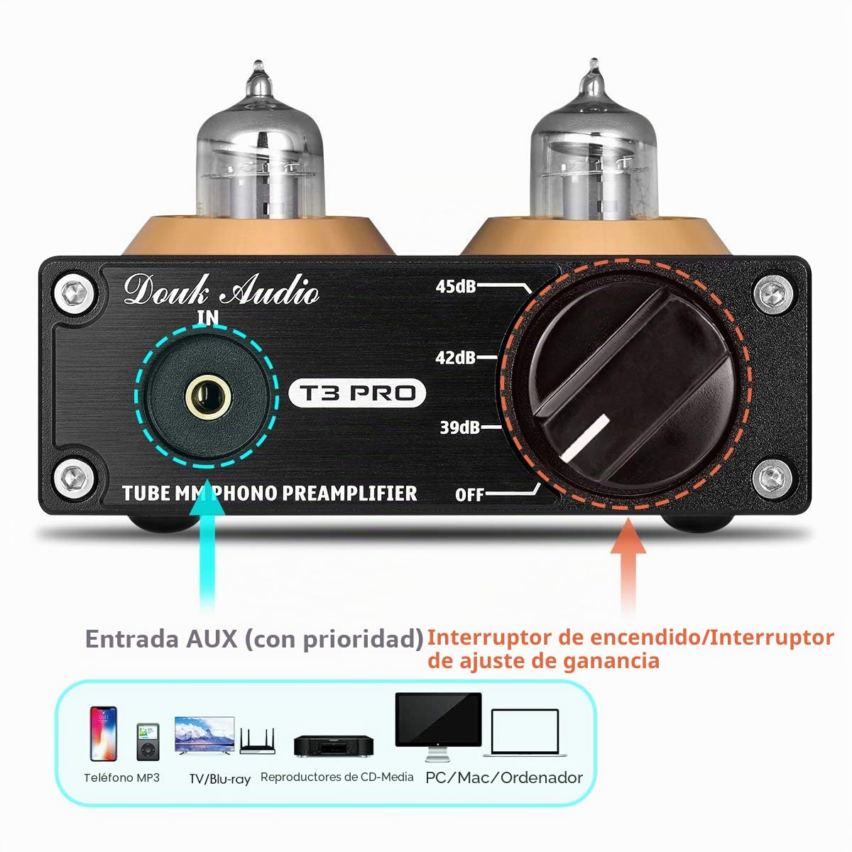 Douk Audio T3 PRO Phono - Preamplificador de tubo para tocadiscos, fonógrafos MM preamplificador, mini válvula estéreo para reproductor de grabaciones