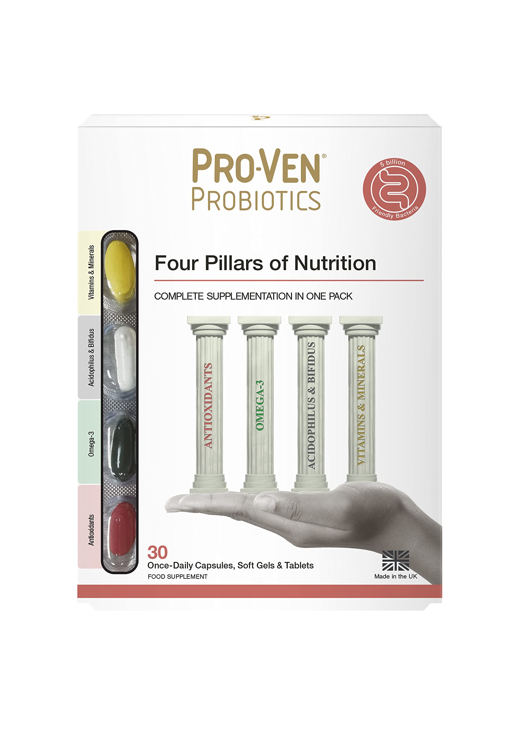 Pro-Ven Probiotics Four Pillars – 4 in 1 Complete Daily Supplementation of Multi-Vitamins Omega-3 Fish Oil Antioxidant + 5 Billion CFU Friendly Bacteria with Prebiotic – 30 Servings