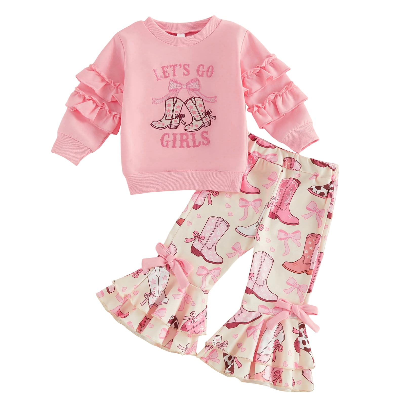 My First Rodeo Baby Girl Outfit Newborn Romper Pants Set | Infant Cowgirl Western Clothes Long Sleeve Romper Bell Bottom Pants 3Pcs Set 12-18 Months Pink-cowgirl Let's Go