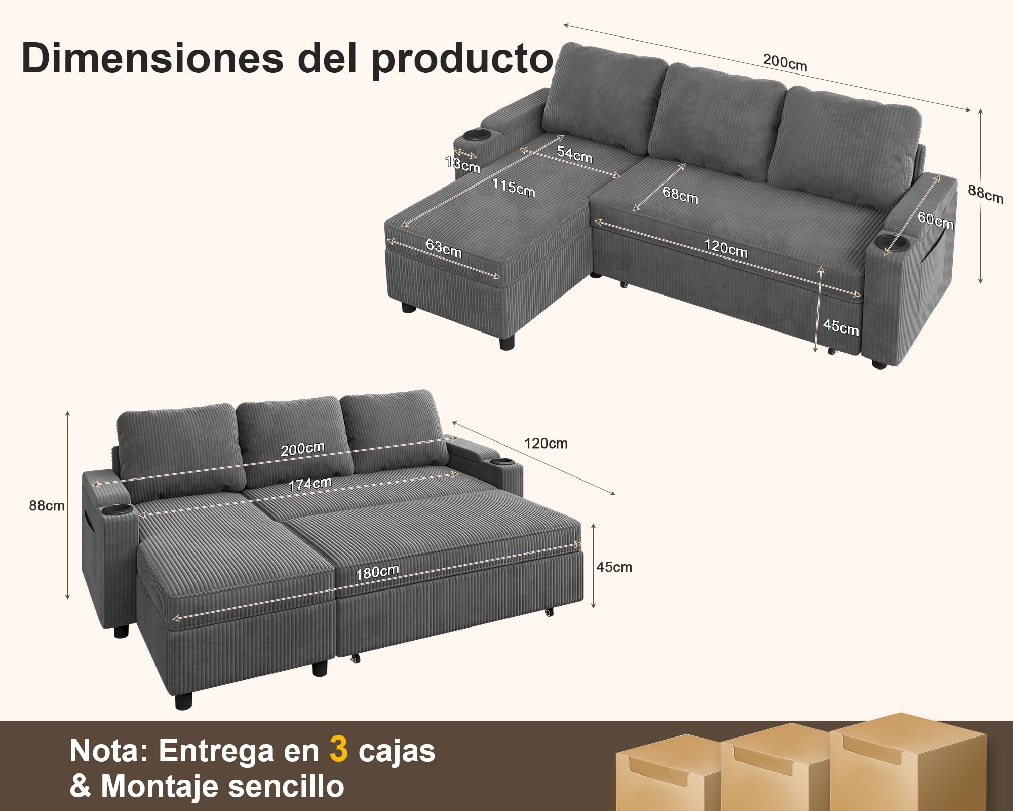 Devoko Sofá Cama Chaise Longue, Sofá de Salón Cheslong de 3 Plazas Convertible en Cama, con Almacenamiento Integrado y Portavasos, Sofá Chaise Longue en Forma de L con Tejido Suave Gris Oscuro