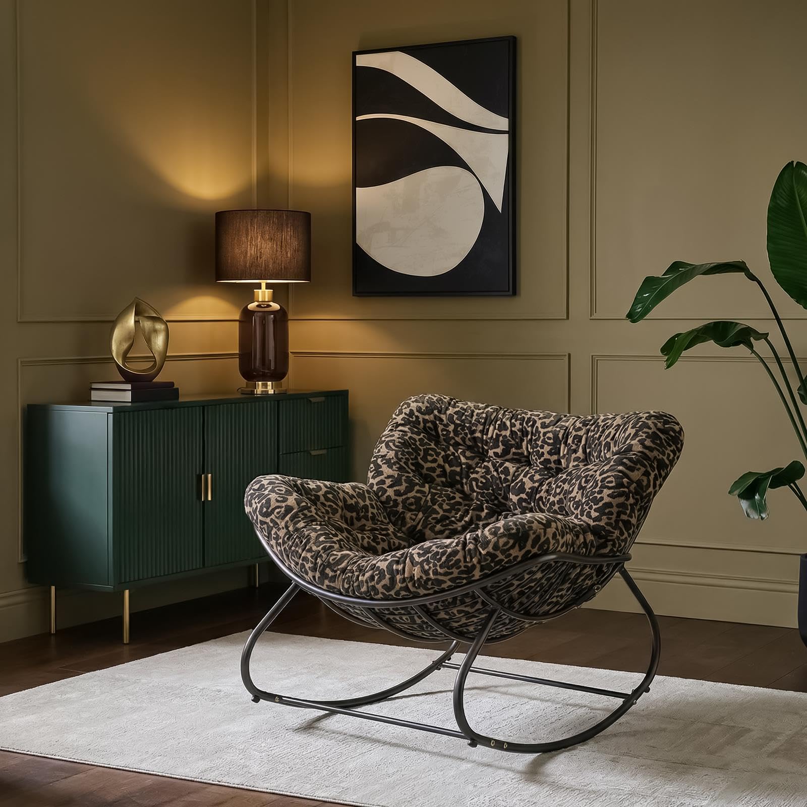OHS Outdoor Rocking Chair with Leopard Print Removable Cushion, Heavy-Duty Curved Metal Frame Nursing Chair Balcony Furniture Comfy Egg Chair Indoor Lounge Chairs for Garden Porch Living Room