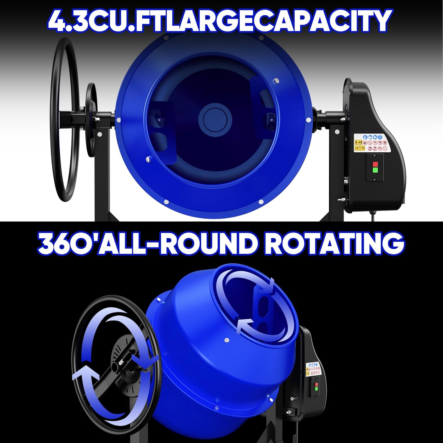 Concrete Mixer 4.3 Cu.Ft. – 450W (3/5HP) Heavy Duty Portable Concrete Mixer with Wheel & Stand for Mortar, Stucco, Fodder – Industrial Cement Mixing Machine, Blue