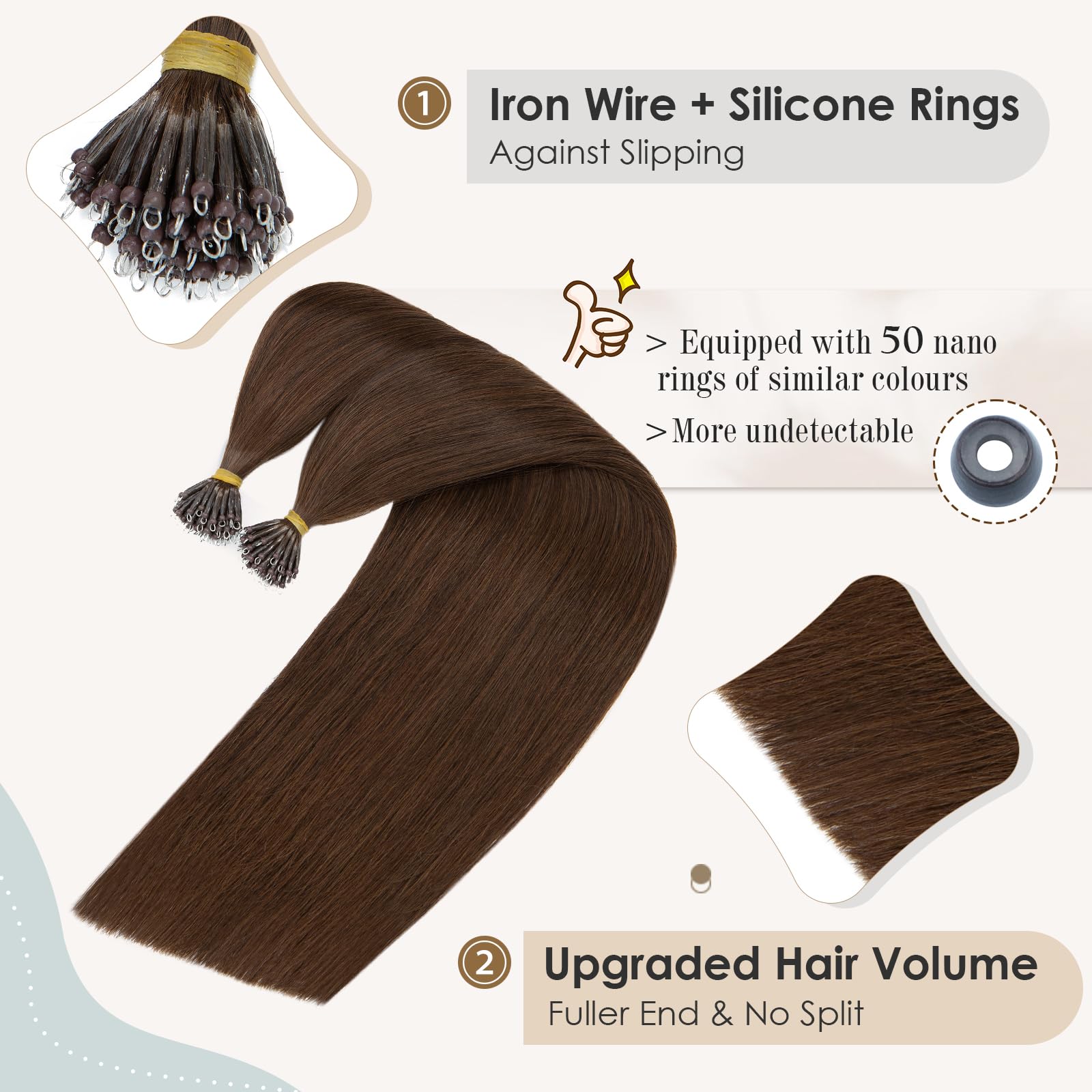 Elailite Nano Ring Hair Extensions Real Human Hair Brown With Nano Beads Cold Fusion 50 Strands Straight Long (#4 Medium Brown - Image 3