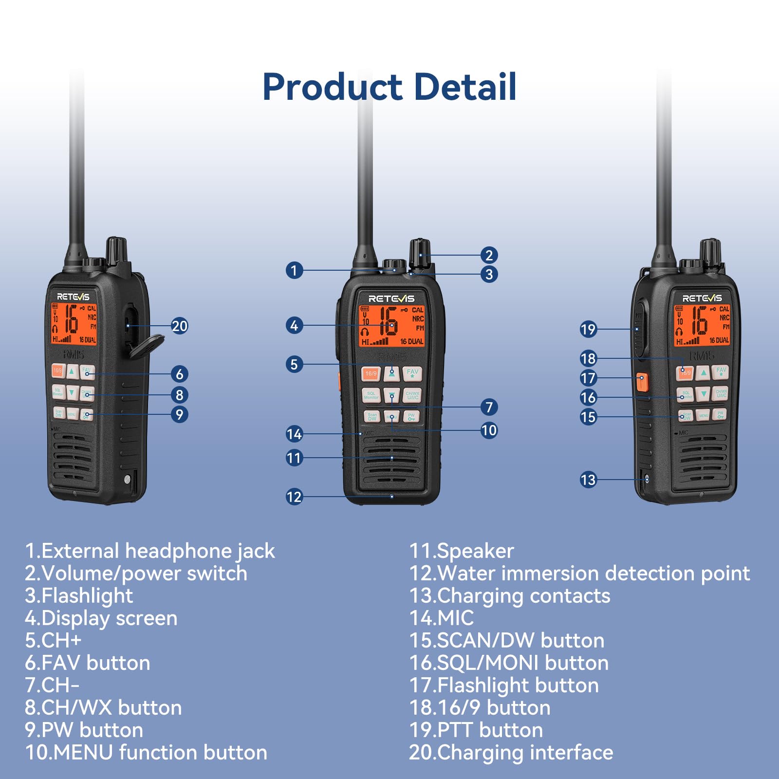 Retevis RM15 VHF Marino Walkie Talkie Portatile Galleggiante IP68 2000 mAh Batteria Schermo Due Colori 88 Canali Radio Bidirezionale per Barche Nero