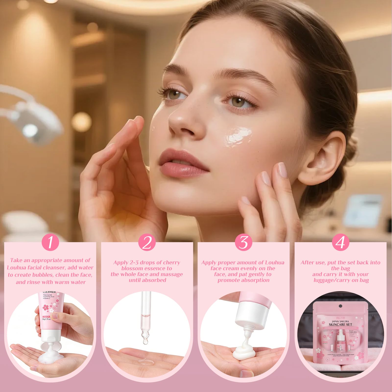 Sakura Ensemble de Soins de la Peau, Trousse de voyage avec Crème Nettoyante, Toner, Sérum, Set de Soins Hydratants, Coffret Cadeau de Soins de la Peau pour Adolescentes et Femmes