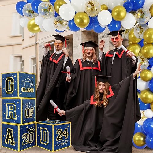 Miniatura 5 de Decoraciones de graduación de clase de 2024, suministros de fiesta de graduación azul y dorado, kit de arco de globos, cajas de globos, pancarta de