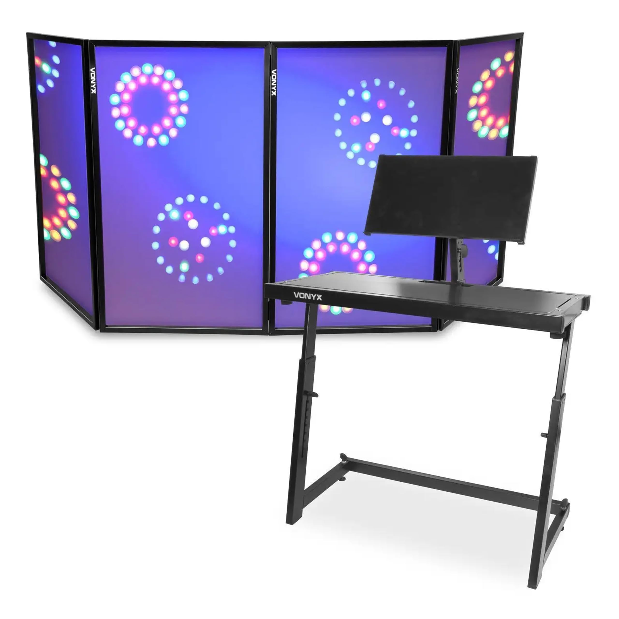 Vonyx cabina DJ plegable con mueble ajustable y pantalla frontal, estructura portátil con mesa y meseta inclinable, lycra elástica, ideal para DJ móvil y eventos