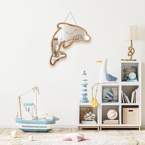 Miniatura 7 de Bonito diseño de delfín plateado con marco de madera natural acrílico para colgar espejo de pared, calcomanías decorativas para bebés, niños,
