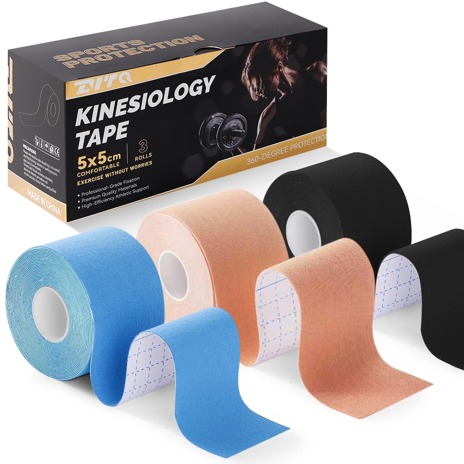 Kinesiology Tape (3 Rolls) - Acrylic Adhesive Muscle Tape - Waterproof, Breathable, Hypoallergenic - Ideal for Muscle Support &amp; Injury Recovery - 2 Inches x 16 Feet (3 Colors)