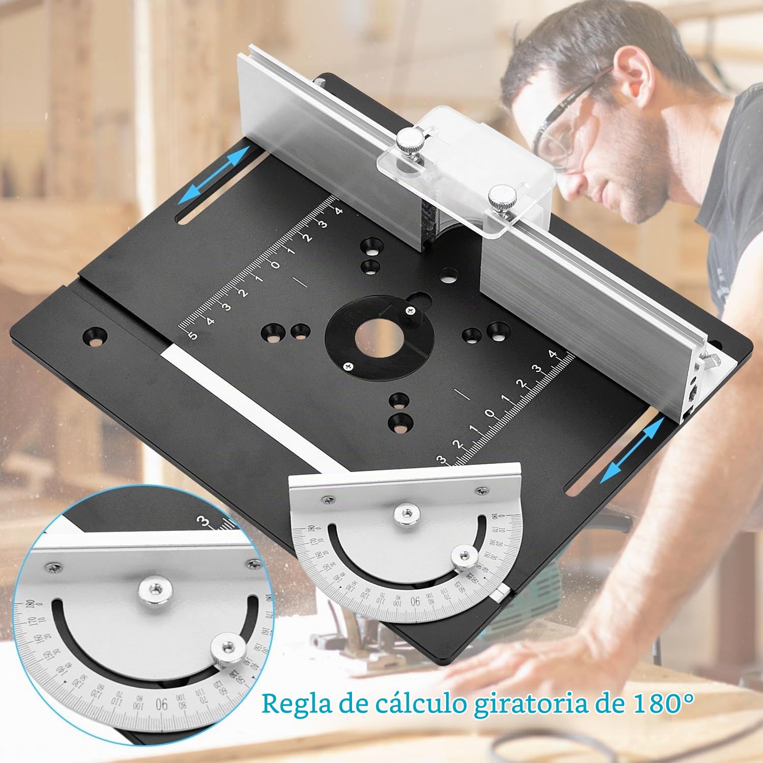 Juego de 3 Placa de Inserción de Mesa de Fresadora de Enrutador de Aluminio, Mesa para Fresadora, Herramienta Auxiliar de Grabado con Inglete, con Medidor de Inglete para Bancos de Carpintería (Negro)