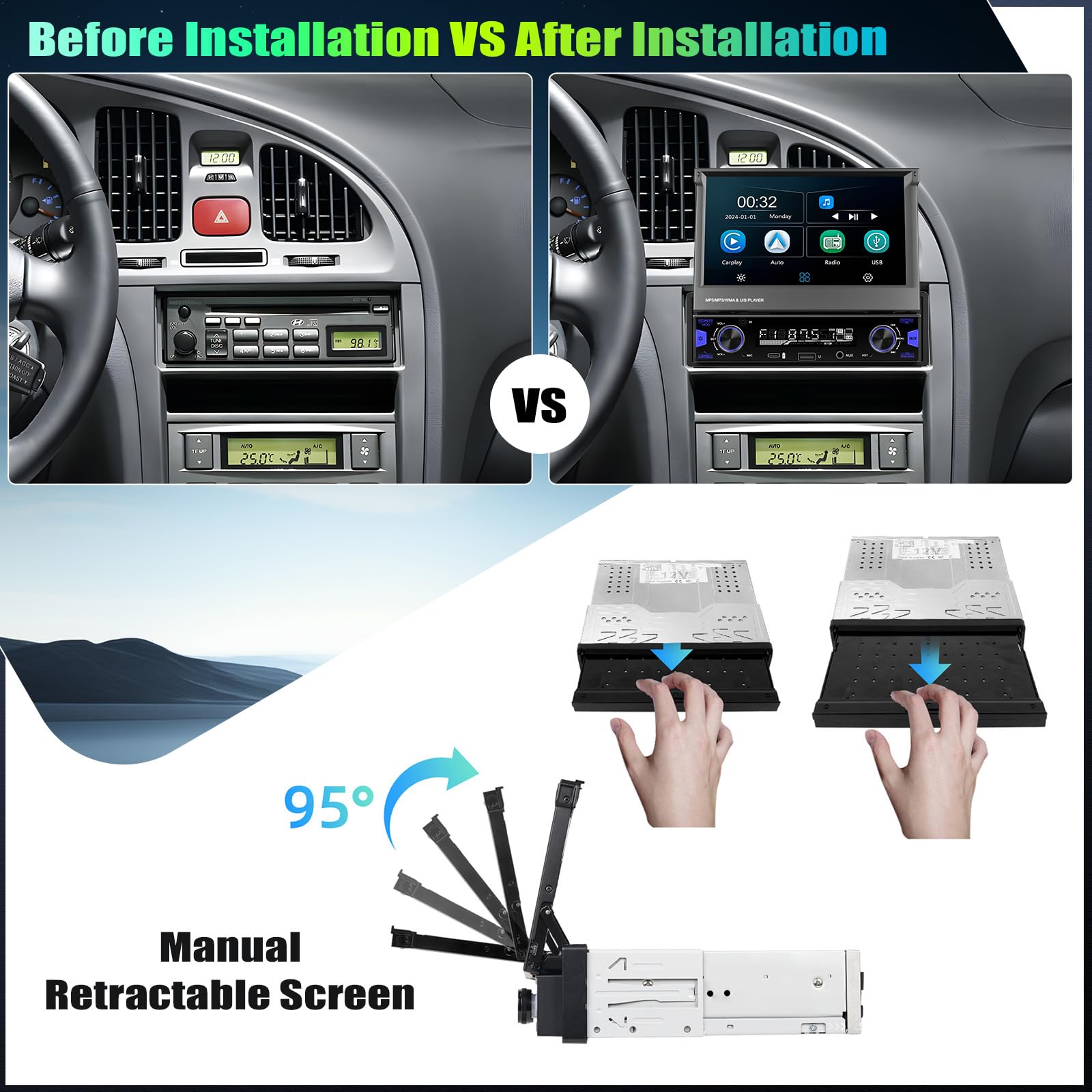 CAMECHO Radio de Coche 1 Din con Pantalla Táctil HD Inalámbrica Carplay, 7 Pulgadas Pantalla Retráctil Manual de Radio Bluetooth con Android Auto FM/AM/RDS Manos Libres Mirror Link Control del Volante