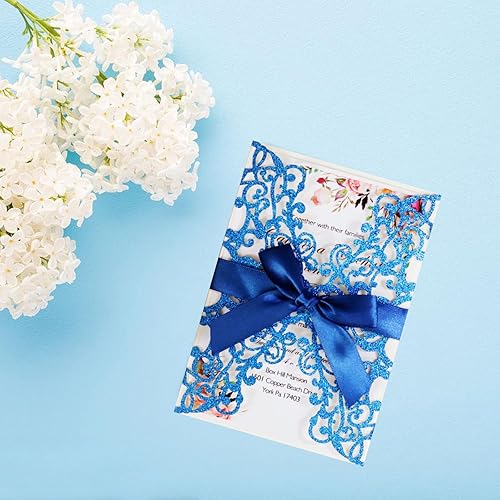 Miniatura 6 de 50 invitaciones de boda azules en polvo azul cortado con láser con sobres de hoja interior en blanco y cintas para boda, compromiso, despedida de