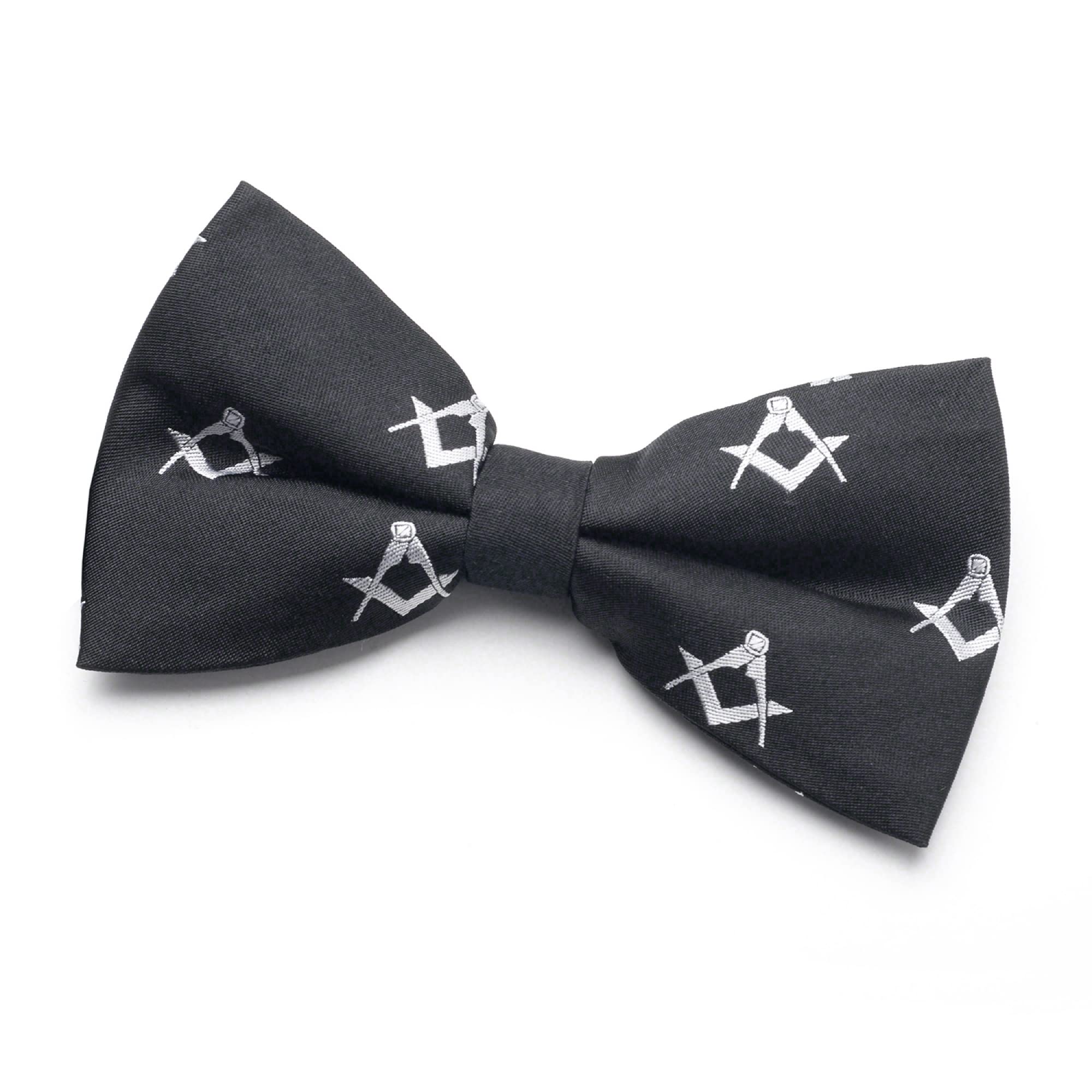 The Masonic Collection Men's Black 100% Silk Masonic Bow Tie - Sq & Compass - Pre Tied And Adjustable - Freemasons Gift For