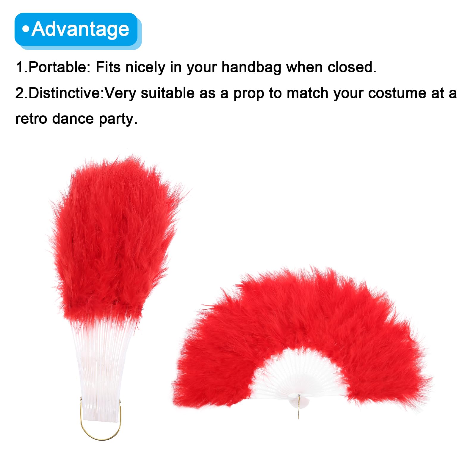 sourcing map Feather Hand Fan Red Vintage Folding Fan Feather Fan Handheld for Halloween Party Wedding Dancing Decoration - Image 4