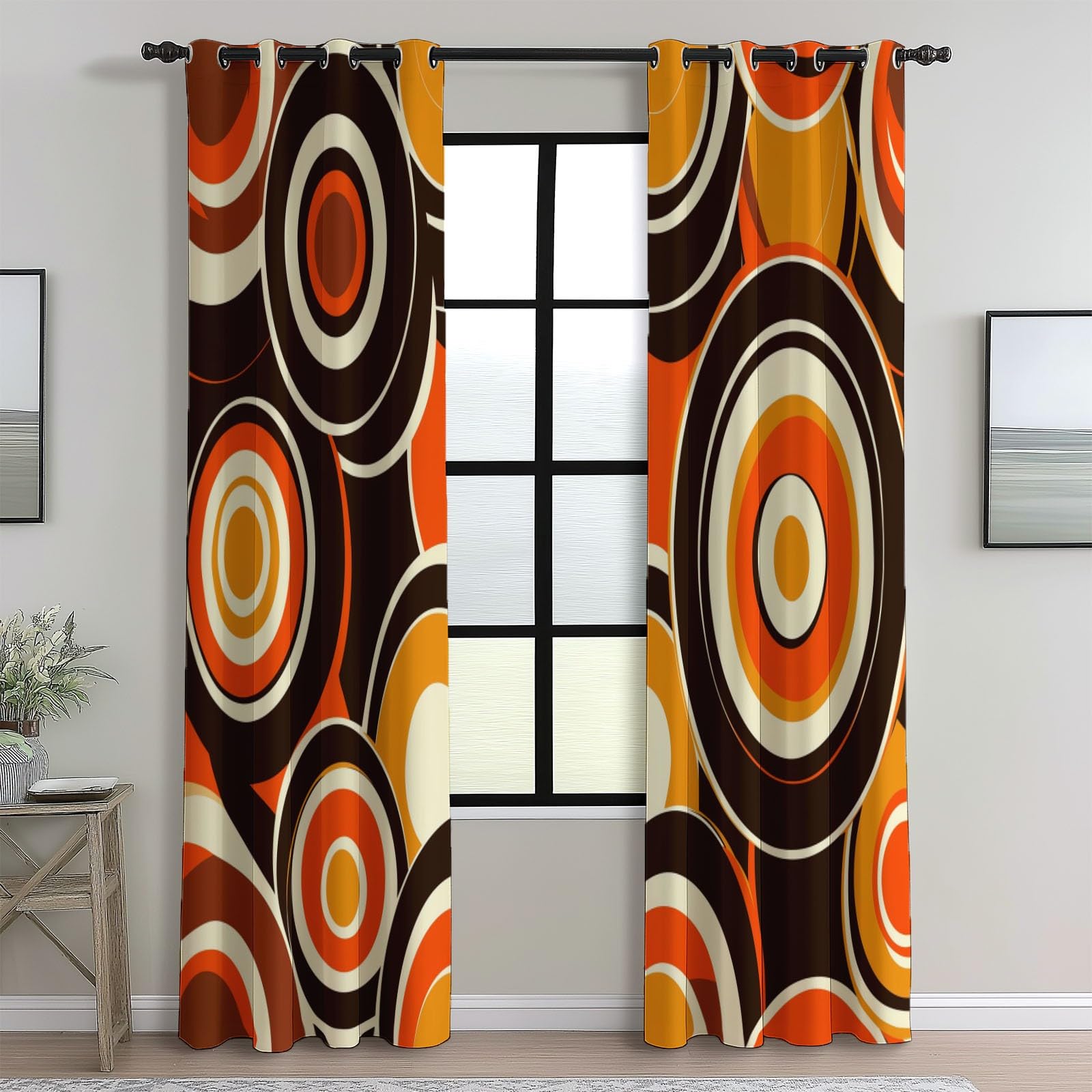 Orange Marron Rideau Occultant Thermique Isolant Cercles Géométriques Abstraits Rétro 3D Imprimé Tenture Opaque à Oeillets Isolation Lumiere UV Decoration Chambre Salon, 150L X 280H cm (2 Panneaux)