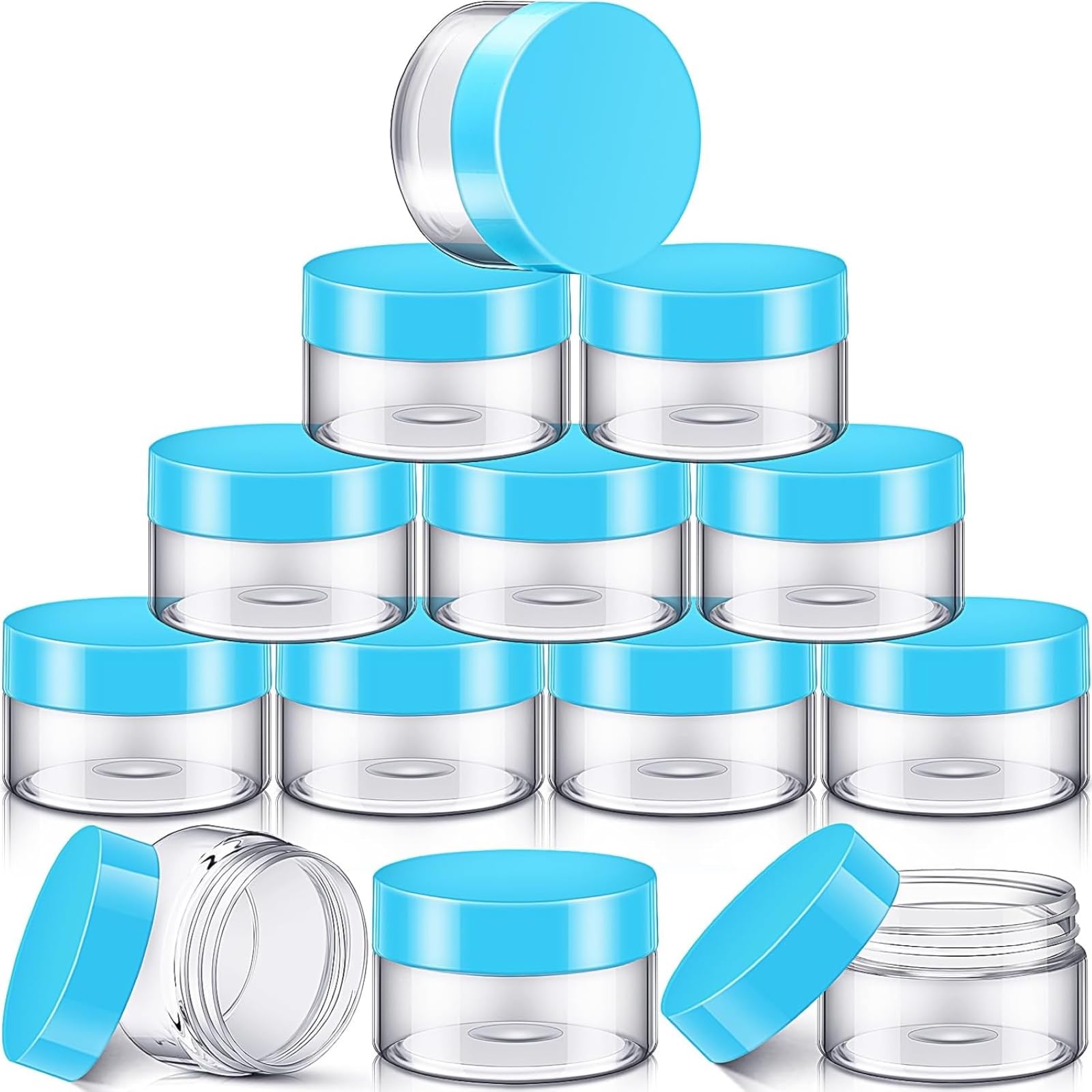 SATINIOR 12 Pack 1 oz Plastic Container Jars with Lids Round Clear Travel Cosmetic Container Slime Jars for Toiletries, Lotion, Cream, Ointments, Makeup, Rhinestone, Samples, Kitchen Storage(Blue)