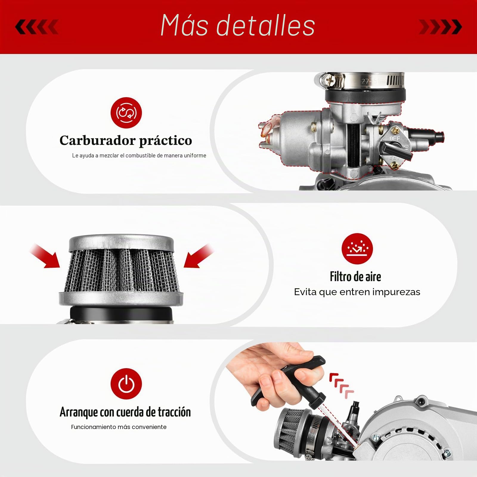Motor Minimoto 49cc, 1,9 kW/7000rpm Minimoto Gasolina, 49,85cc Mini Moto Gasolina, 2 Tiempos Moto 49cc, 3CV Motor de Gasolina de 1,2 Litros, Capacidad de Carga de 180kg