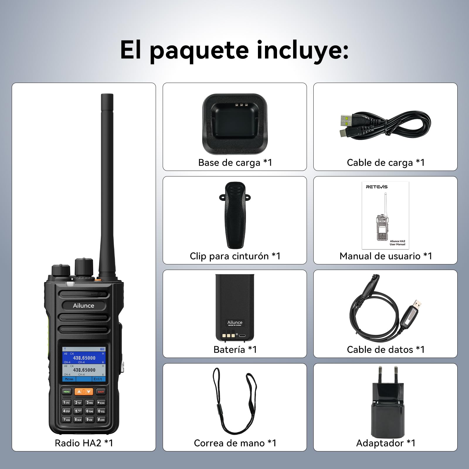 Retevis Ailunce HA2 Radioaficionado, Emisora Caza Walkie Talkie, APRS/GPS, Bluetooth, Control De Aplicaciones, Recepción de Banda de Aire, 2800mAh USB-C, IP67 Walkie Talkie Largo Alcance (1 Stück)