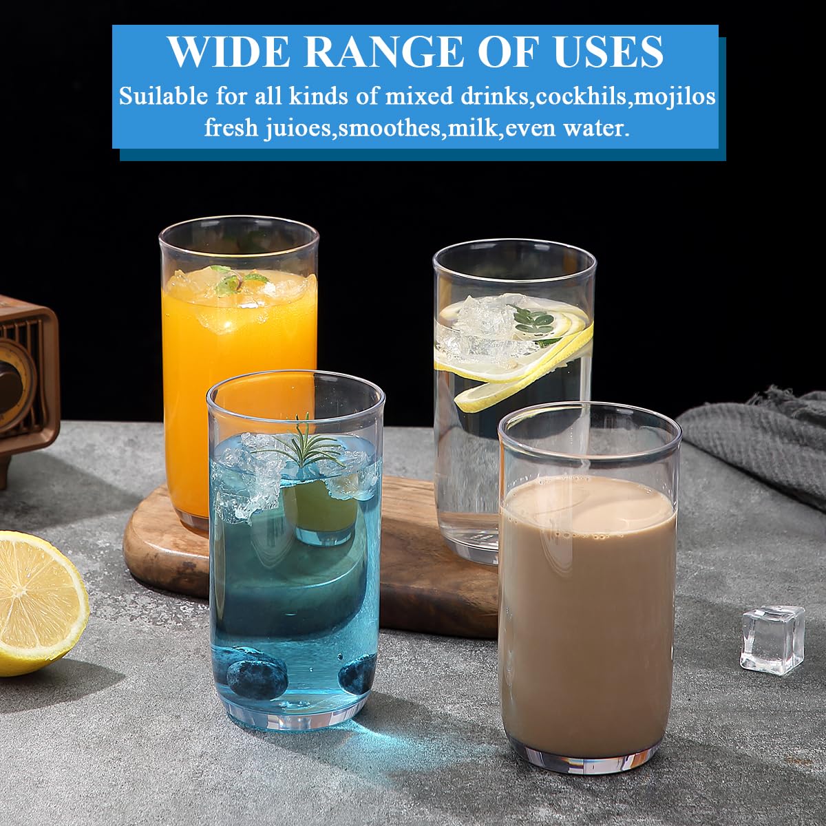 Berglander Set di Bicchieri Highball 8 Pezzi, Bicchieri Collins da Bere in Plastica PET Trasparente Alti 420ml, Tazze d'Acqua Riutilizzabili, Vetreria per Bar Tumbler per Bevande, Birra, Succo, Latte