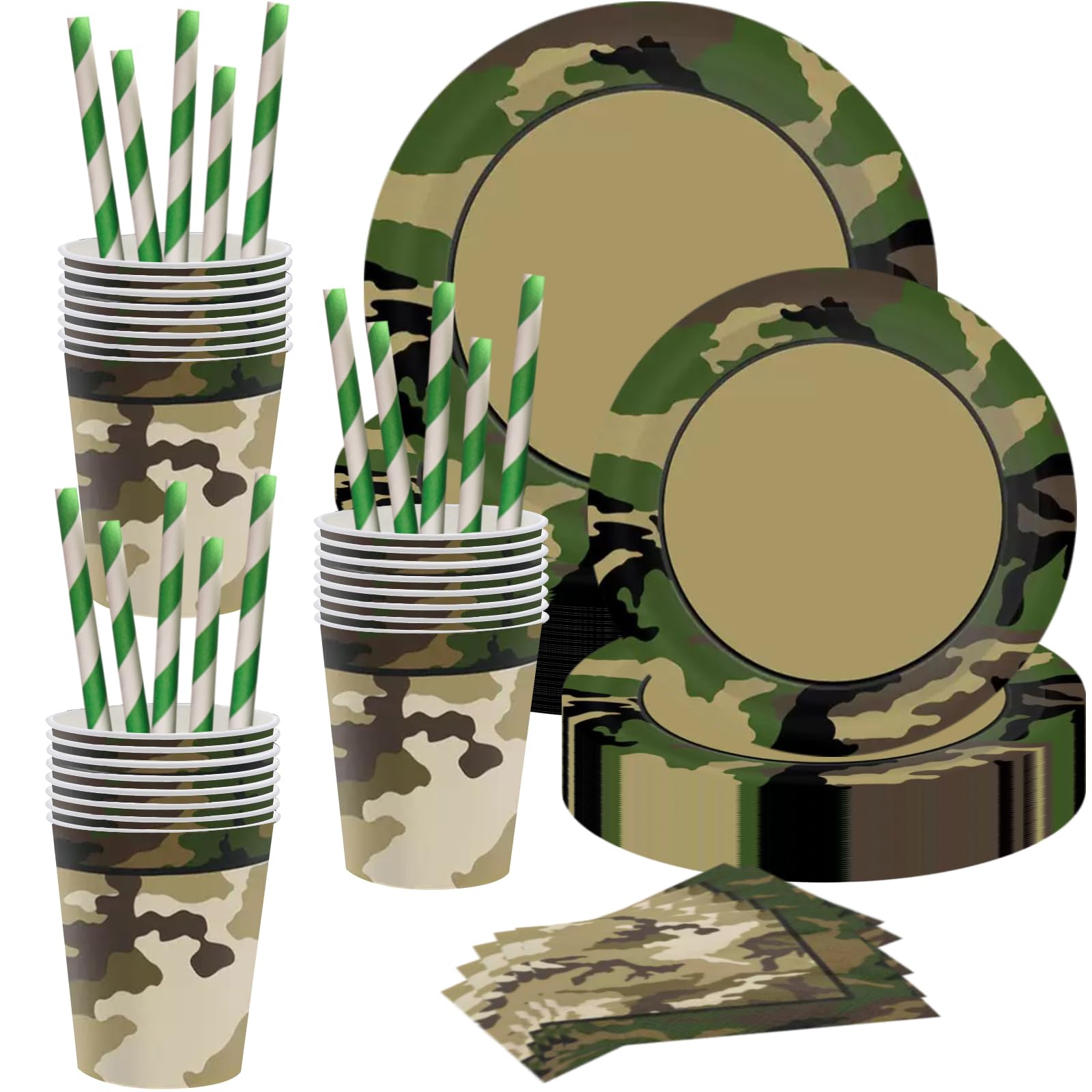 80PCS Camouflage Party Tableware Supplies Serves 16,Camouflage Party 9in 7in Plates Napkins Straws Cups for Camouflage Birthday Party Decoration