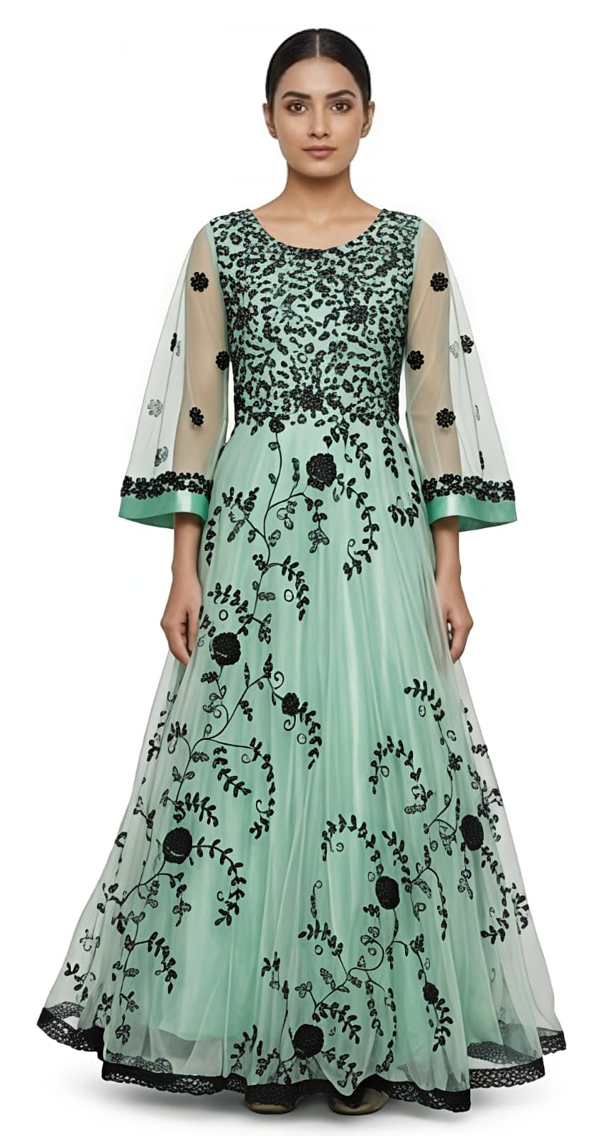 Mint Green Net Anarkali Gown with Black Floral Embroidery, Sheer Bell Sleeves, Floor-Length-image-25