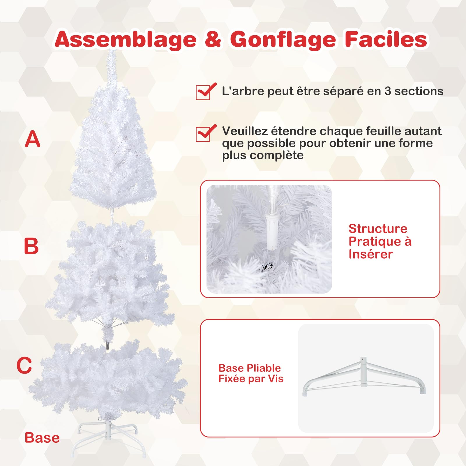GOPLUS Sapin de Noël Artificiel Blanc 180 cm, Arbre de Nöel avec 650 Branches, Socle en Fer, Feuilles en PVC, Décoration de Noël, Idéal pour Suspendre Guirlande de Lumières et Etoile, 4 Tailles