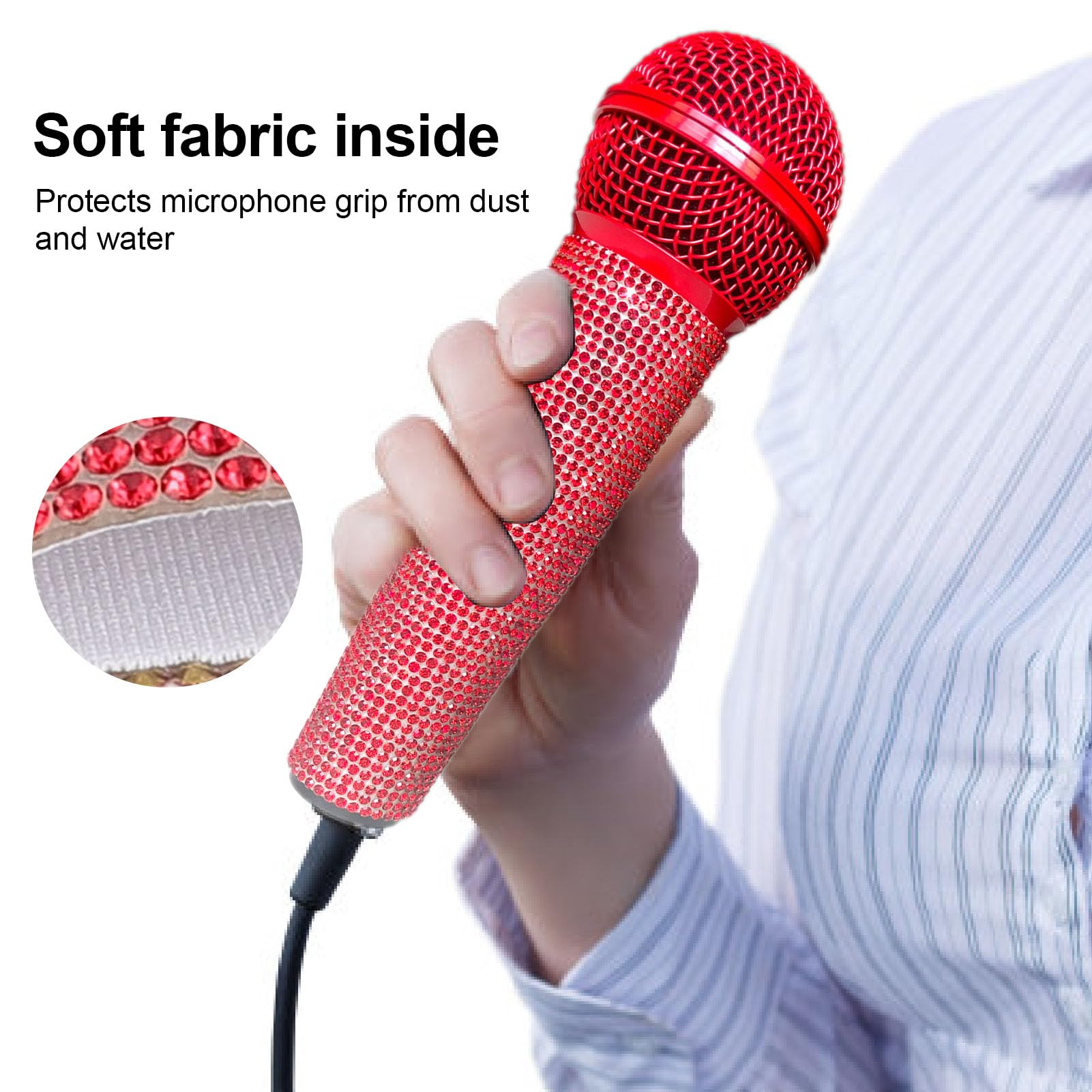 BTSEURY Microphone Handle Cover, Rhinestone Microphone Sleeve, Glass Sparkly Bling Rhinestone Mic Decorative Sleeve Wrap for SM58 Microphone (Red)