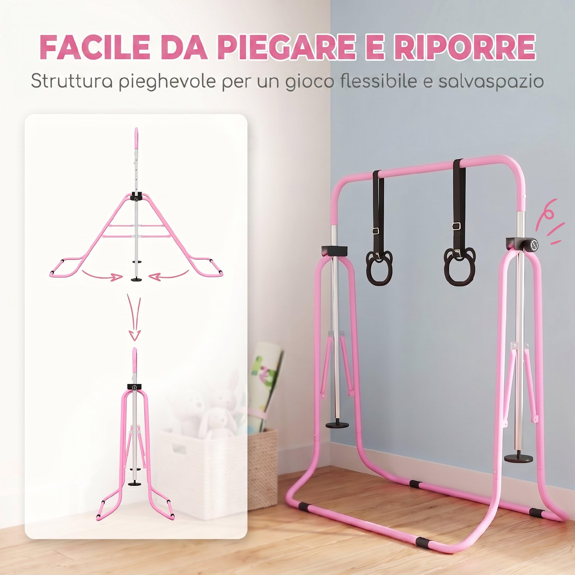 HOMCOM Sbarra Ginnastica Artistica da Casa Pieghevole per Bambini 3+ Anni, Attrezzatura da Allenamento ad Altezza Regolabile con 2 Anelli e Tappetini Antiscivolo