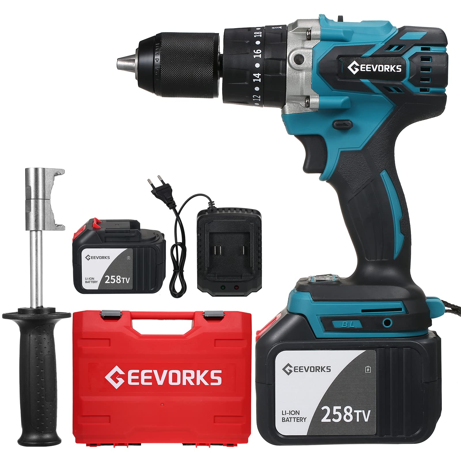 Geevorks Taladro Atornillador Batería, Max Torque 200N.m, 1/2 Pulgada Portabrocas de Metal sin Llave, 20+3 Ajuste de Par, 0-2150RMP Martillo de Impacto de Velocidad Variable,Taladro Inalámbrico