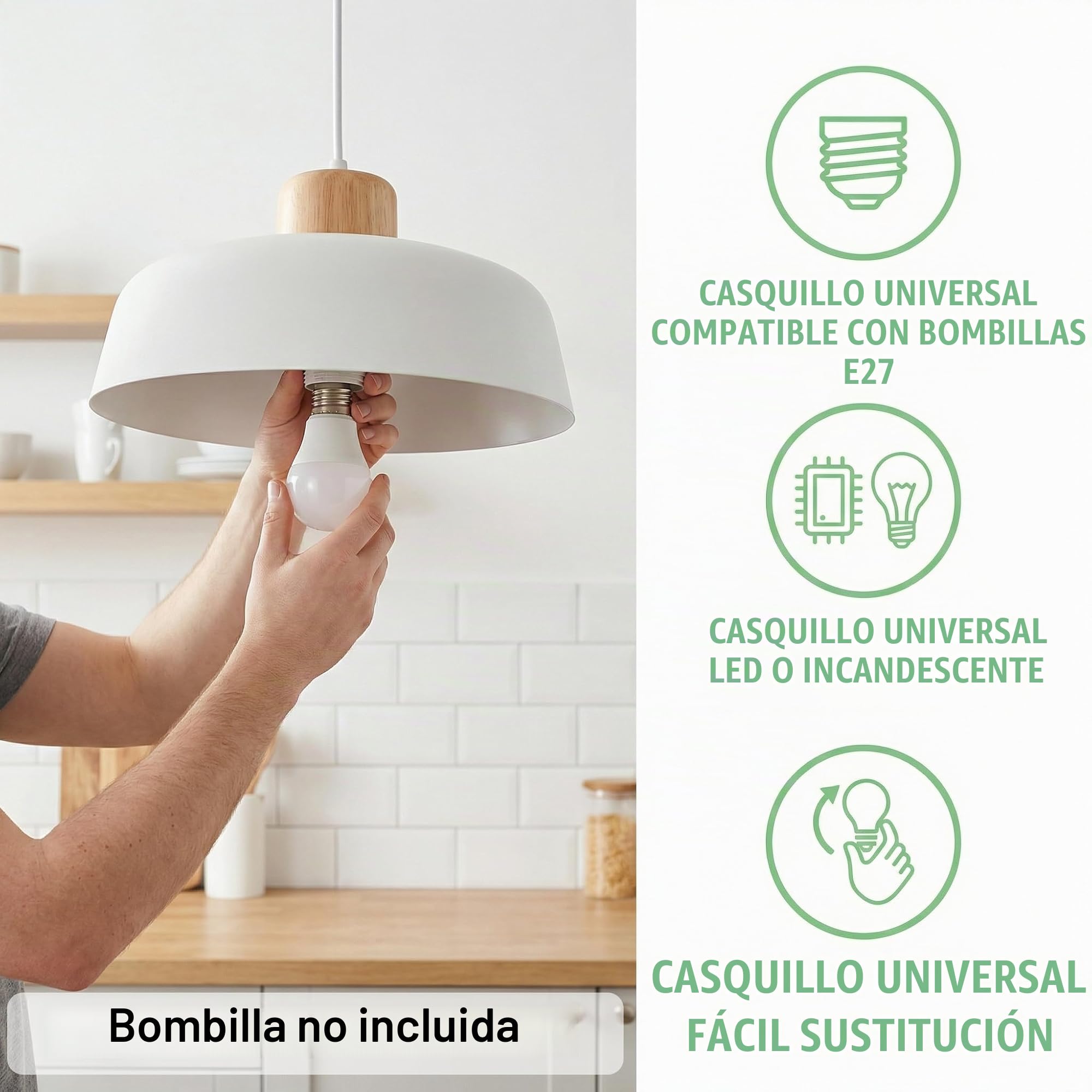 Lámpara Colgante con Redondo Pantalla de Hierro 30cm y Acabado de Madera en Color Macaron​​, ​​Grande Luz Colgante Moderna E27 ​​Para Salón, Cocina y Comedor​ (Blanco)