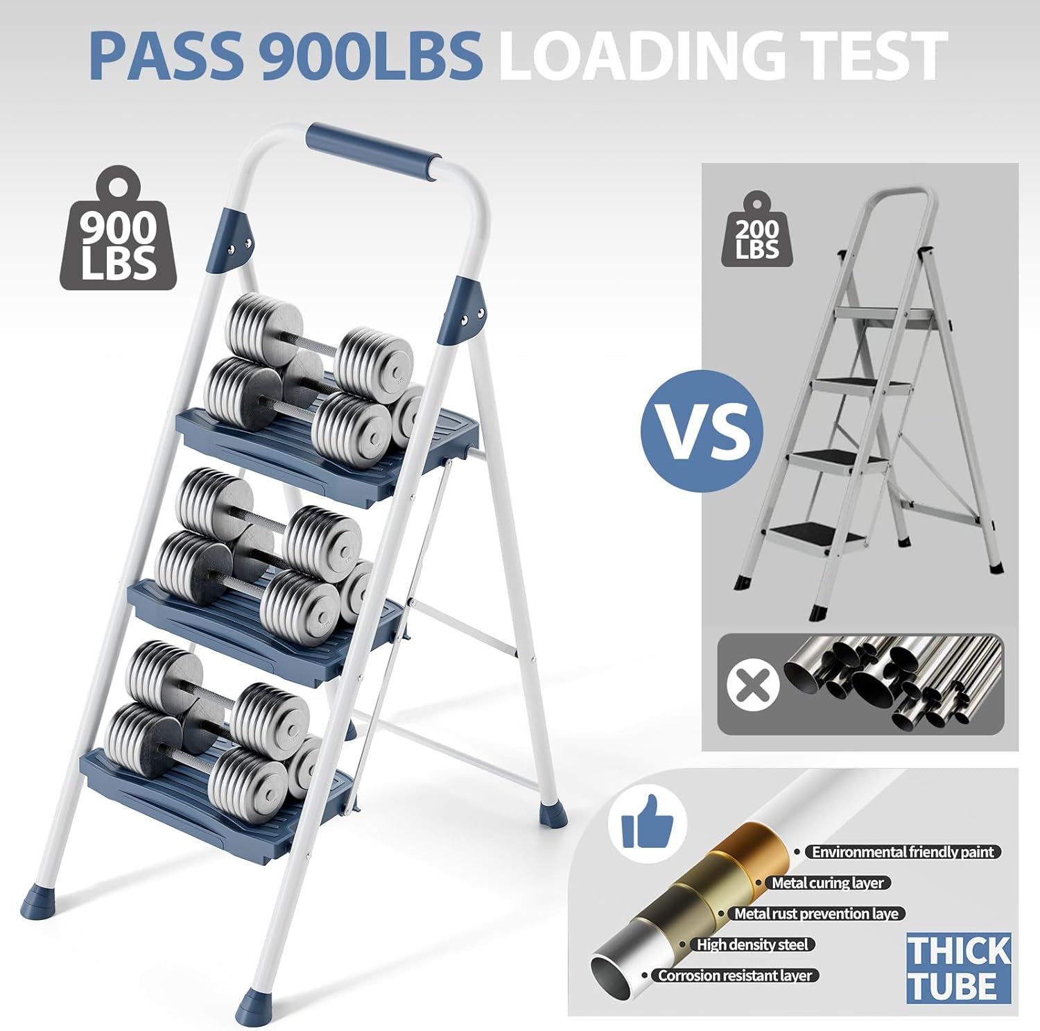 KINGRACK 3 Step Ladder, Folding Step Ladder with Anti-Slip Wide Pedal and Handrails, Foldable Stepladder Step Stool for Adults, Pass 900LBS Testing, for Home Garage Garden, Blue - Image 3