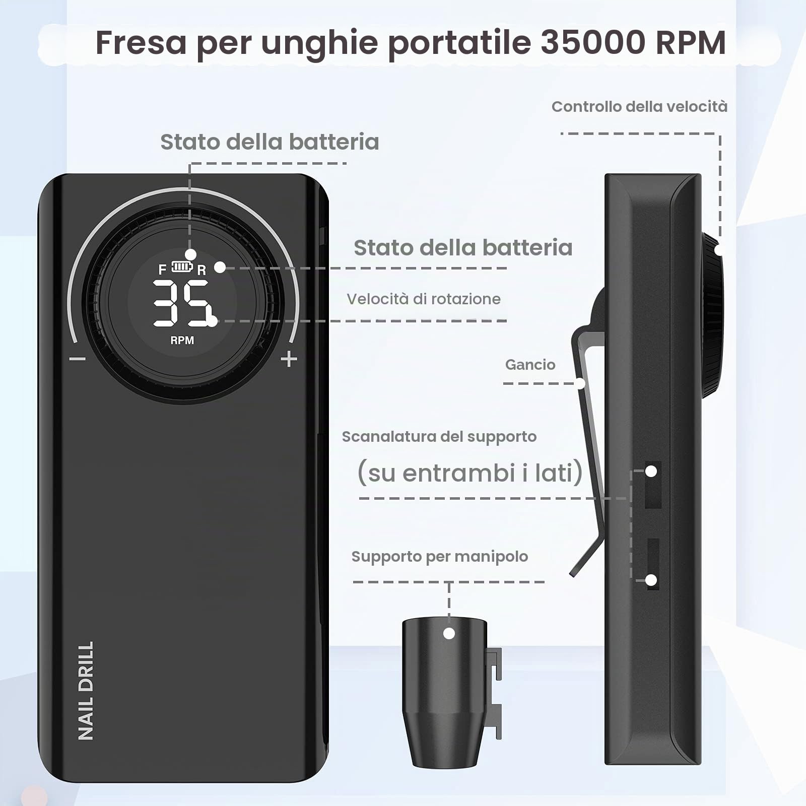 Delanie Fresa per Unghie Professionale 35000 Giri, Trapano Elettrico Ricaricabile per Unghie, Fresa Portatile per Unghie Semipermanente, Manicure e Pedicure, Adatta a Casa e Salone, Nero