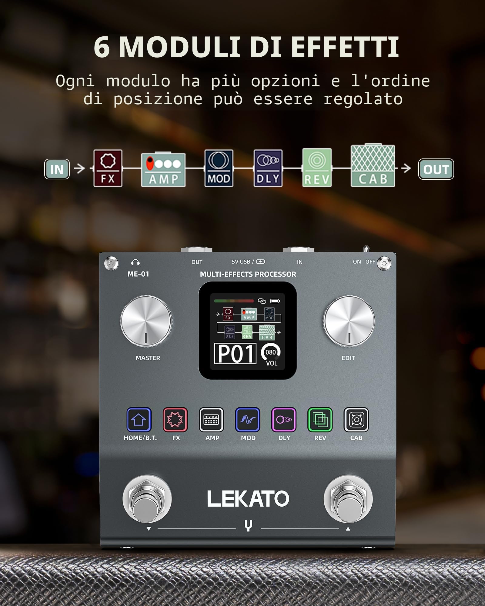 LEKATO Pedale Multi-Effetti per Chitarra, Processore di Effetti per Basso Ricaricabile con 6 Moduli Effetti, 80 Preset Editabili, Modifica APP, Caricamento IR, Registrazione OTG, Funzione BT