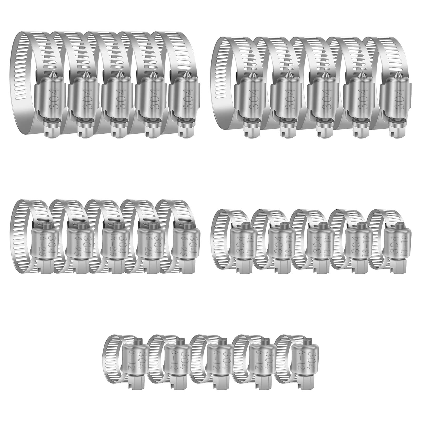 Jubilee Clips Assorted, Adjustable 6-51 mm Jubilee Clips, 25 Pcs Hose Clip,304 Stainless, for Fixing Hose Connections to Domestic Water Pipes, Gas Pipes and Washing Machine,Garden Hose