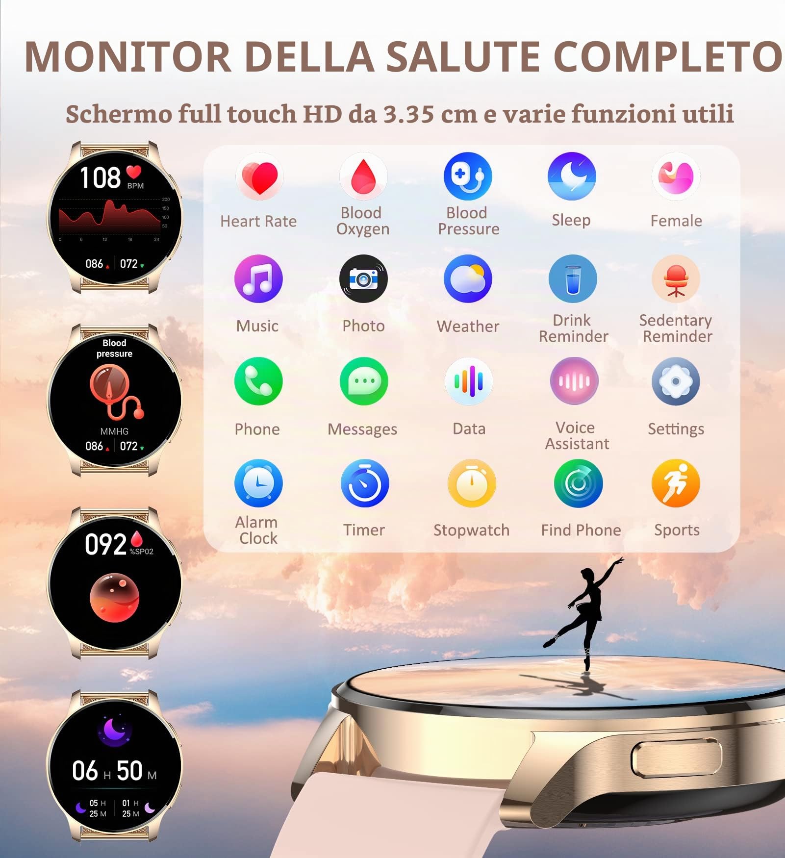Iaret Smartwatch Donna Chiamate Bluetooth, Orologio Fitness 1.32" HD iOS Android Smart Watch con Assistente Vocale Notifiche Messaggi, 20 Modalità Sport Contapassi Cardiofrequenzimetro SpO2 Sonno