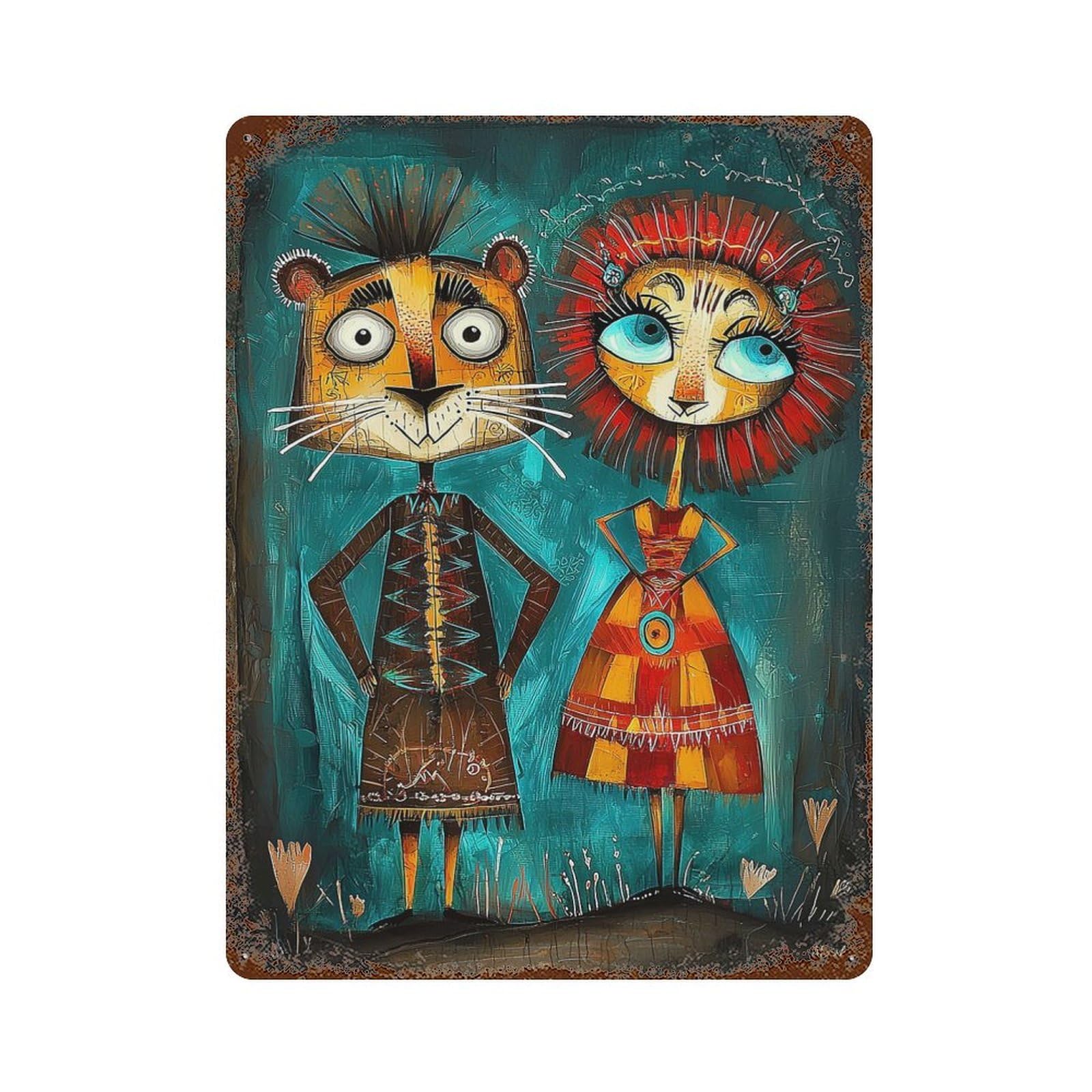 Garage Style Regal Gears Steampunk Lion Couple Vintage Rust Metal Sign 15.7"x11.8", Vintage Wall Decor for Bar And Workshop