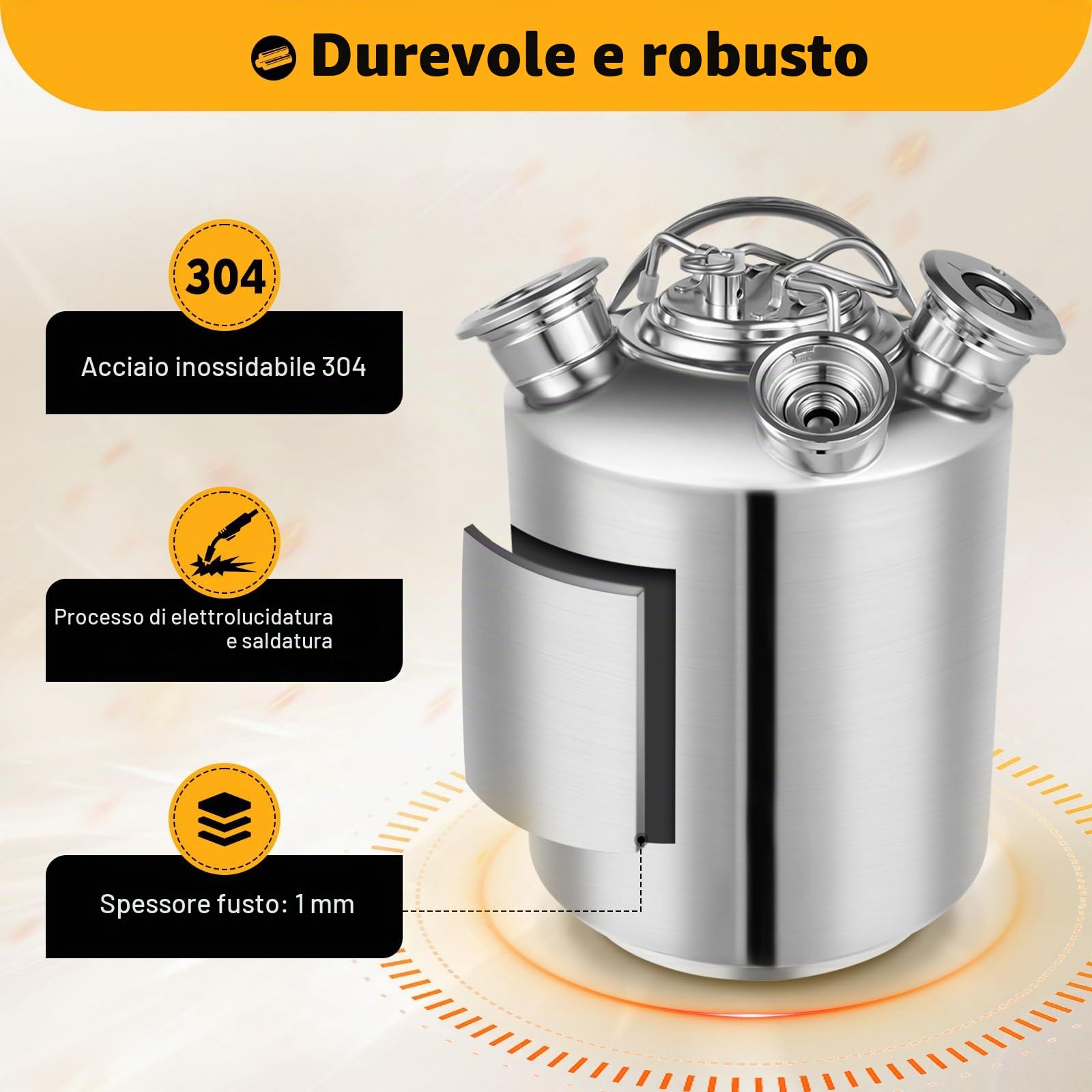 Botte per la pulizia della birra, 10 l, contenitore di pulizia a 3 teste con coperchio, in acciaio inox, con lancia tipo A e S, per impianti di spillatura e spillatrice di birra
