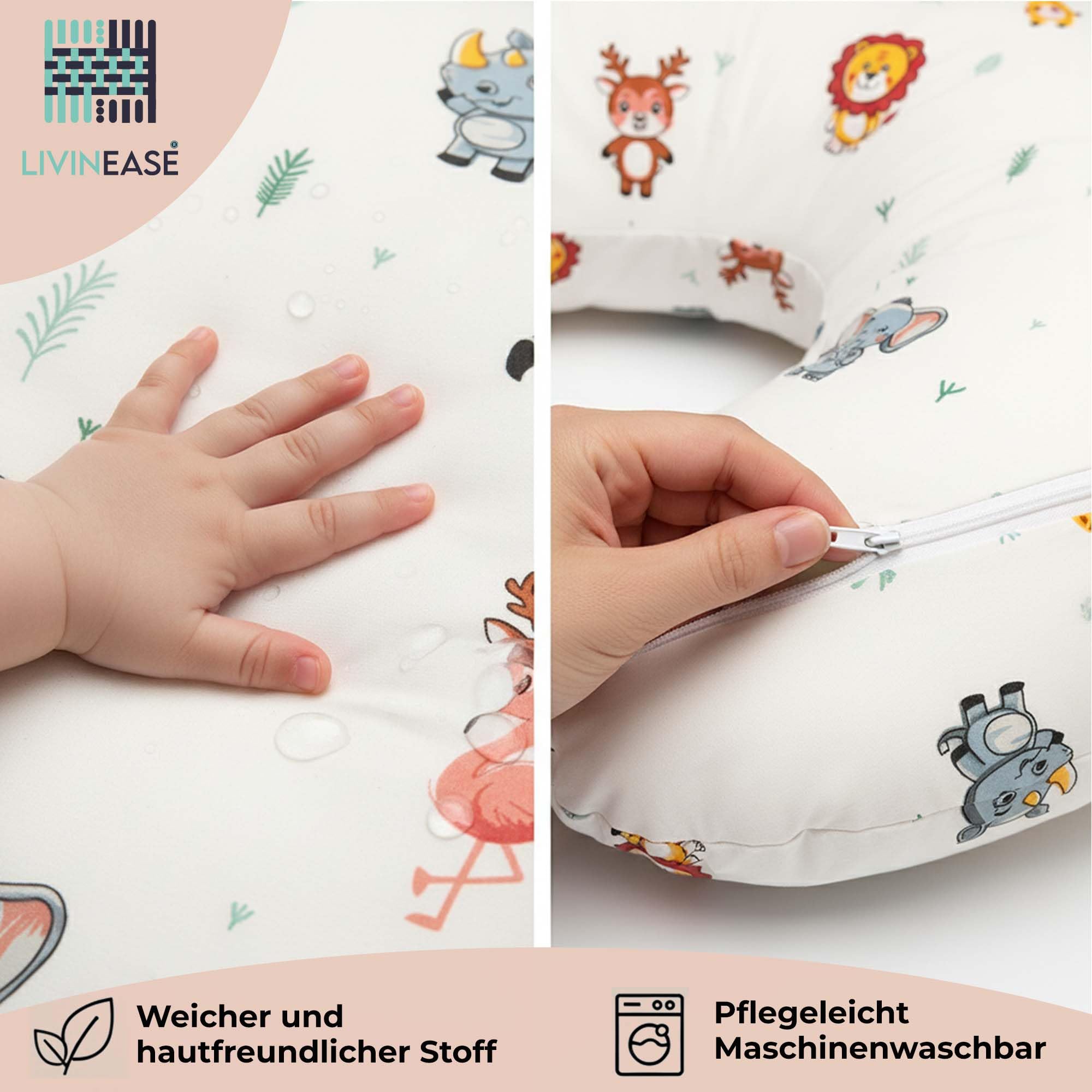 LivinEase Stillkissen zum Stillen und für Flaschen - Baby-Fütterungskissen 100% OEKO-TEX zertifizierte Baumwolle mit waschbarem Bezug - Perfekt für Bauchzeit (Dschungel)