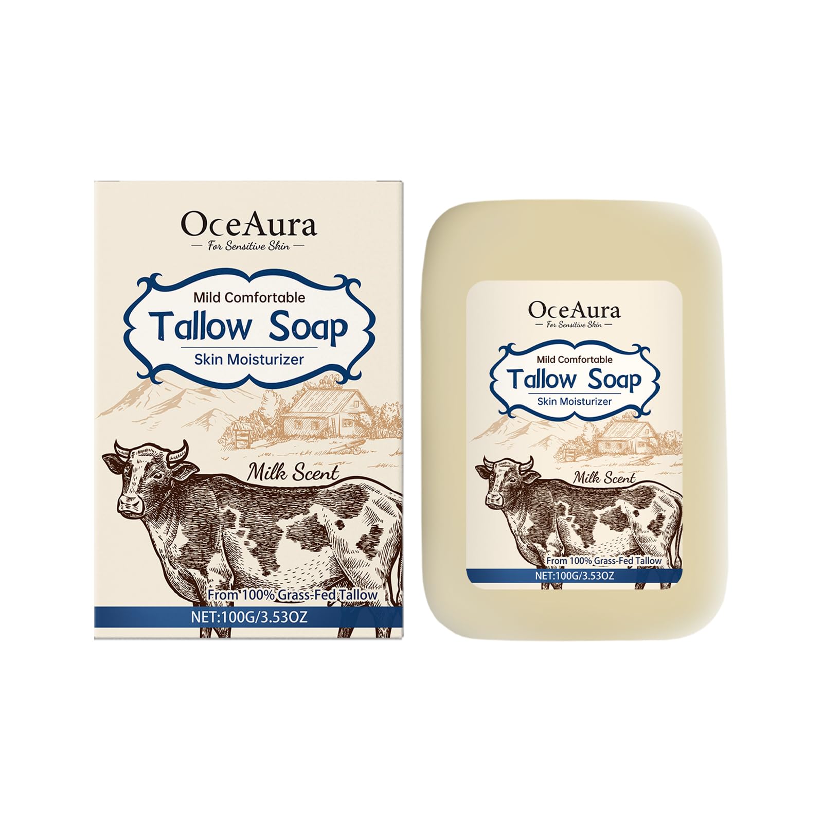 Beef Tallow Soap with Milk, Grass - Fed Tallow Soap for Skin Moisturizing & Radiance, Contains Beef Tallow, Milk, Vitamin E