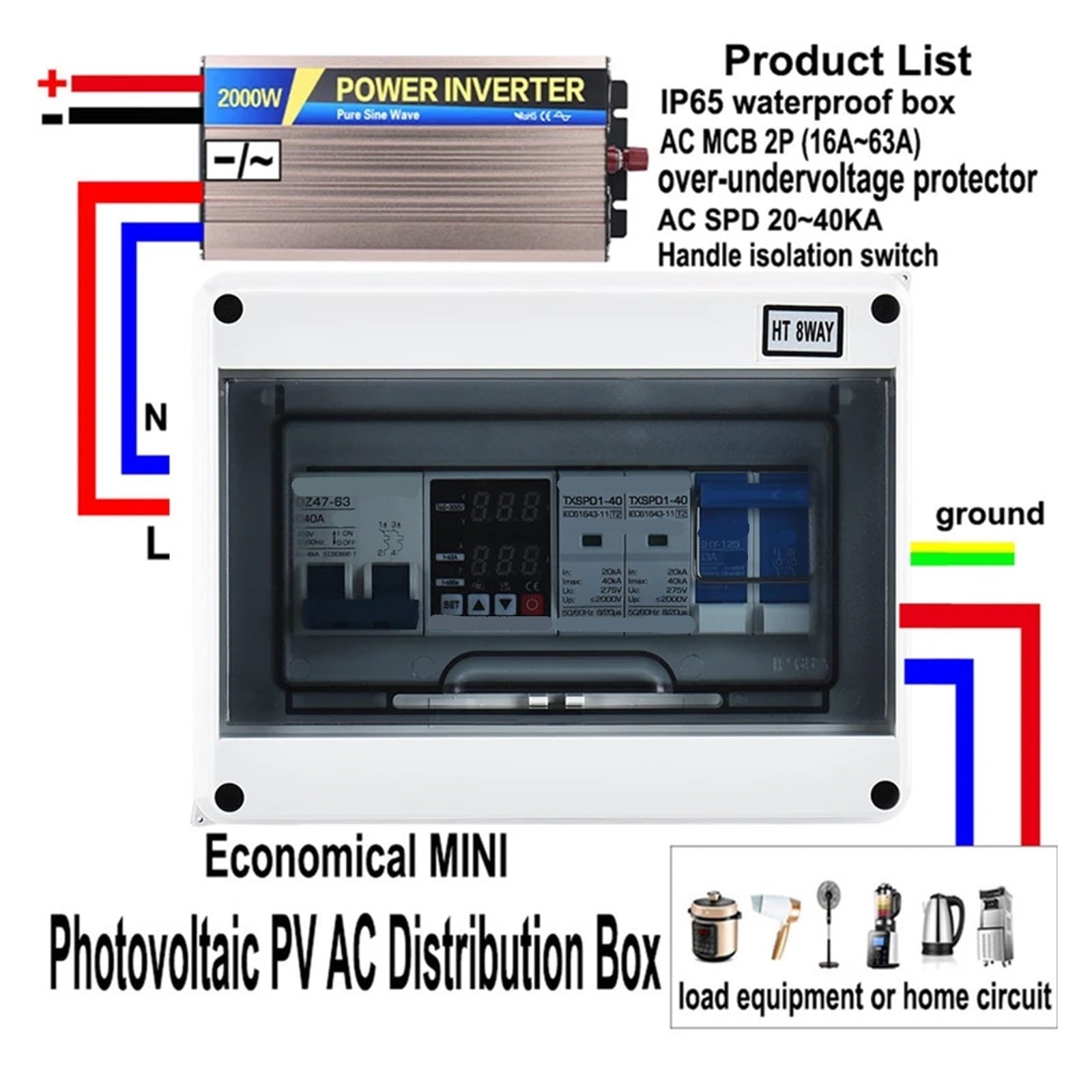 Mini-Photovoltaik-PV-AC-Verteilerkasten, Wechselrichter-Seitenanschluss, wirtschaftlicher, netzunabhängiger Anschlusskasten(B,MCB 2P 40A)