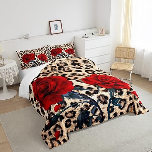 Miniatura 4 de Juego de edredón de flores de rosas para adolescentes y adultos, regalo de boda, juego de ropa de cama con estampado de leopardo, tamaño Queen,