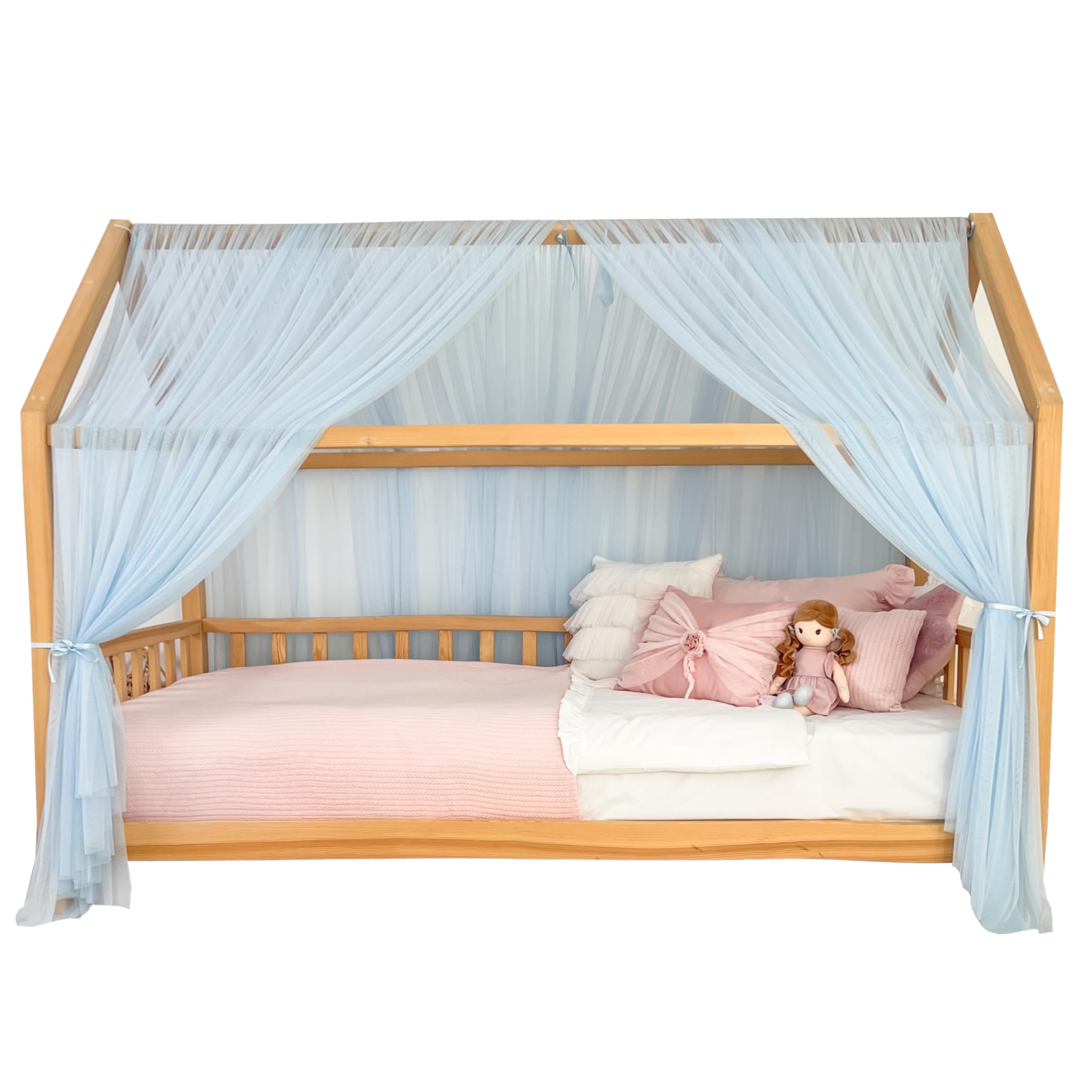 Tenda a baldacchino per letto della cameretta dei bambini, decorazione per letto montessori, tenda da gioco in morbido tulle per bambini (blu, 340 cm, set da 4)