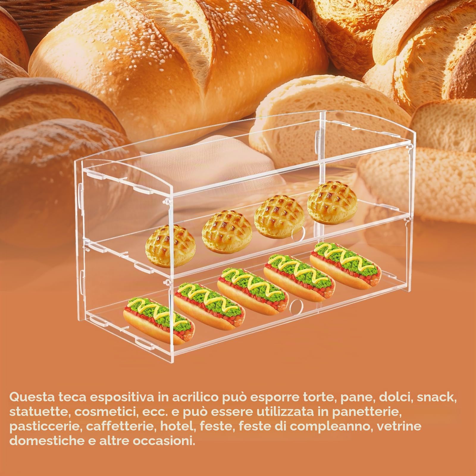 BAOSHISHAN Vetrina per pasticceria in acrilico trasparente, espositore per torte, 51 x 24 x 26 cm a 2 livelli,ciambelle con pinza da portata per torte