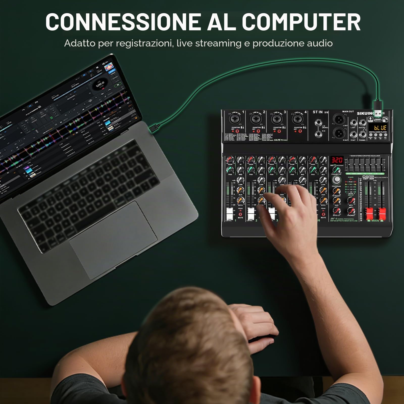 Mixer portatile a 6 canali, mixer audio professionale, 320 effetti DSP + equalizzatore a 7 bande, scheda audio Bluetooth + interfaccia USB, ideale per registrazioni PC, effetti karaoke e riproduzione