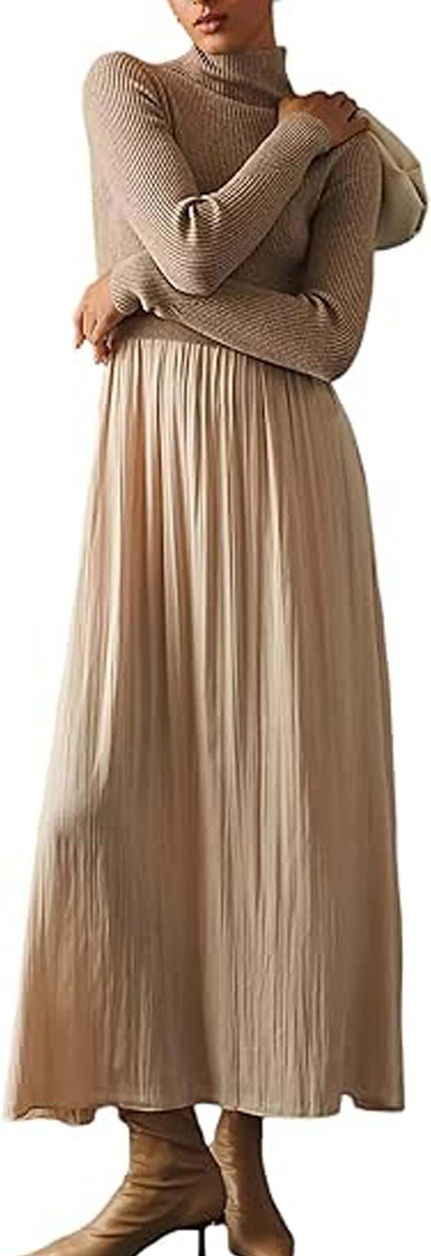 LauweionWomen's Turtleneck Sweater Maxi Dress Long Sleeve Slim Fit Ribbed Knit Pullover Jumper Top Fall Flowy Long Dresses